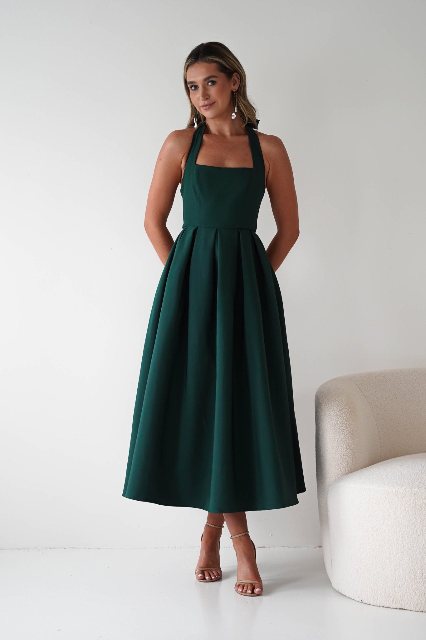 Daria Halter Neck Midi Dress | Forest Green| Wedding Guest Dress | Oh Hello Clothing