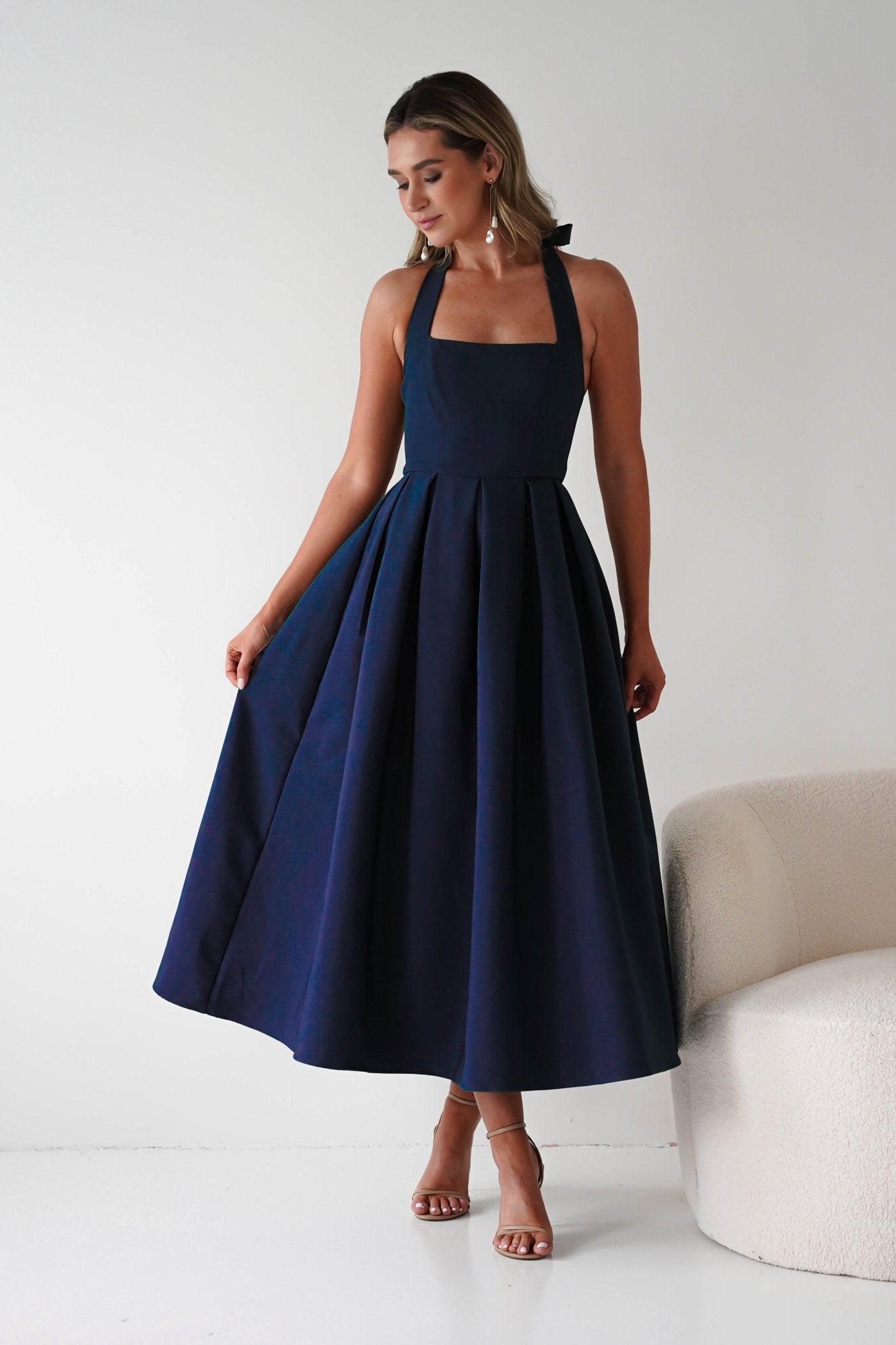 Daria Halter Neck Midi Dress | Navy| Wedding Guest Dress | Oh Hello Clothing