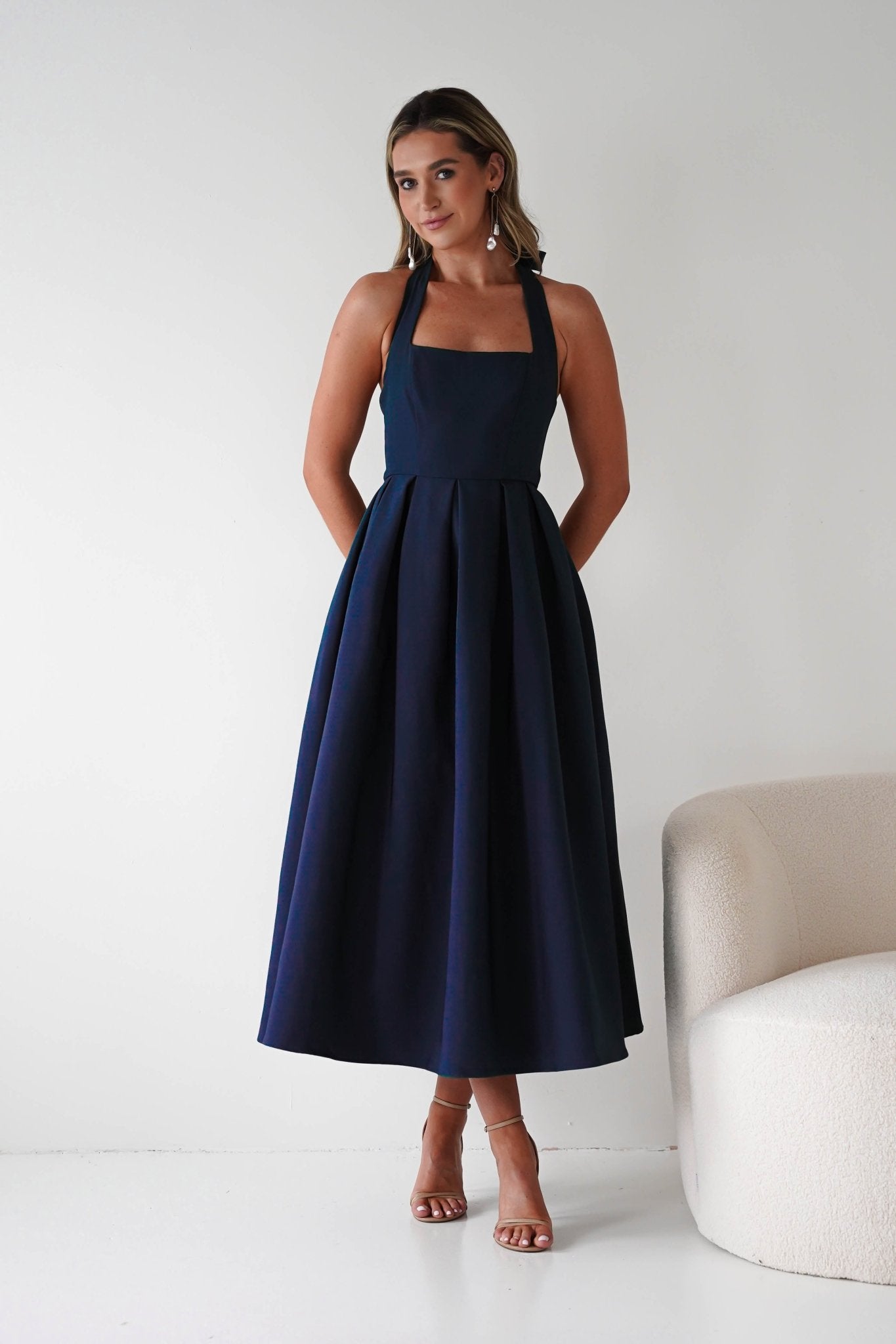 Daria Halter Neck Midi Dress | Navy| Wedding Guest Dress | Oh Hello Clothing