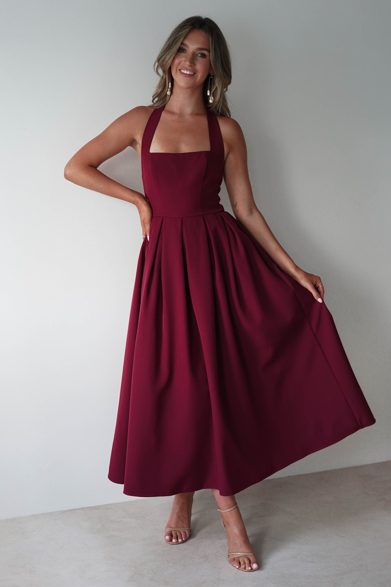 Daria Halter Neck Midi Dress Wine | Wedding Guest Dress | Halter Neck | Midi | Oh Hello Clothing