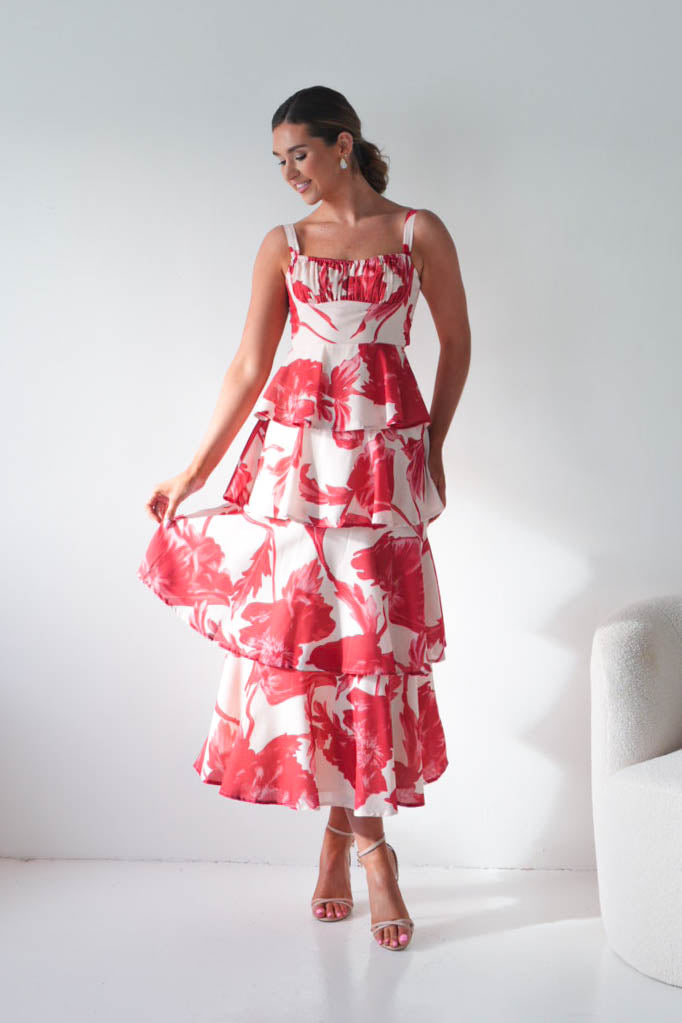 Oh Hello Clothing Women > Clothing > Dresses Denisa Floral Print Ruffle Maxi Dress | Red