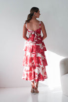 Oh Hello Clothing Women > Clothing > Dresses Denisa Floral Print Ruffle Maxi Dress | Red