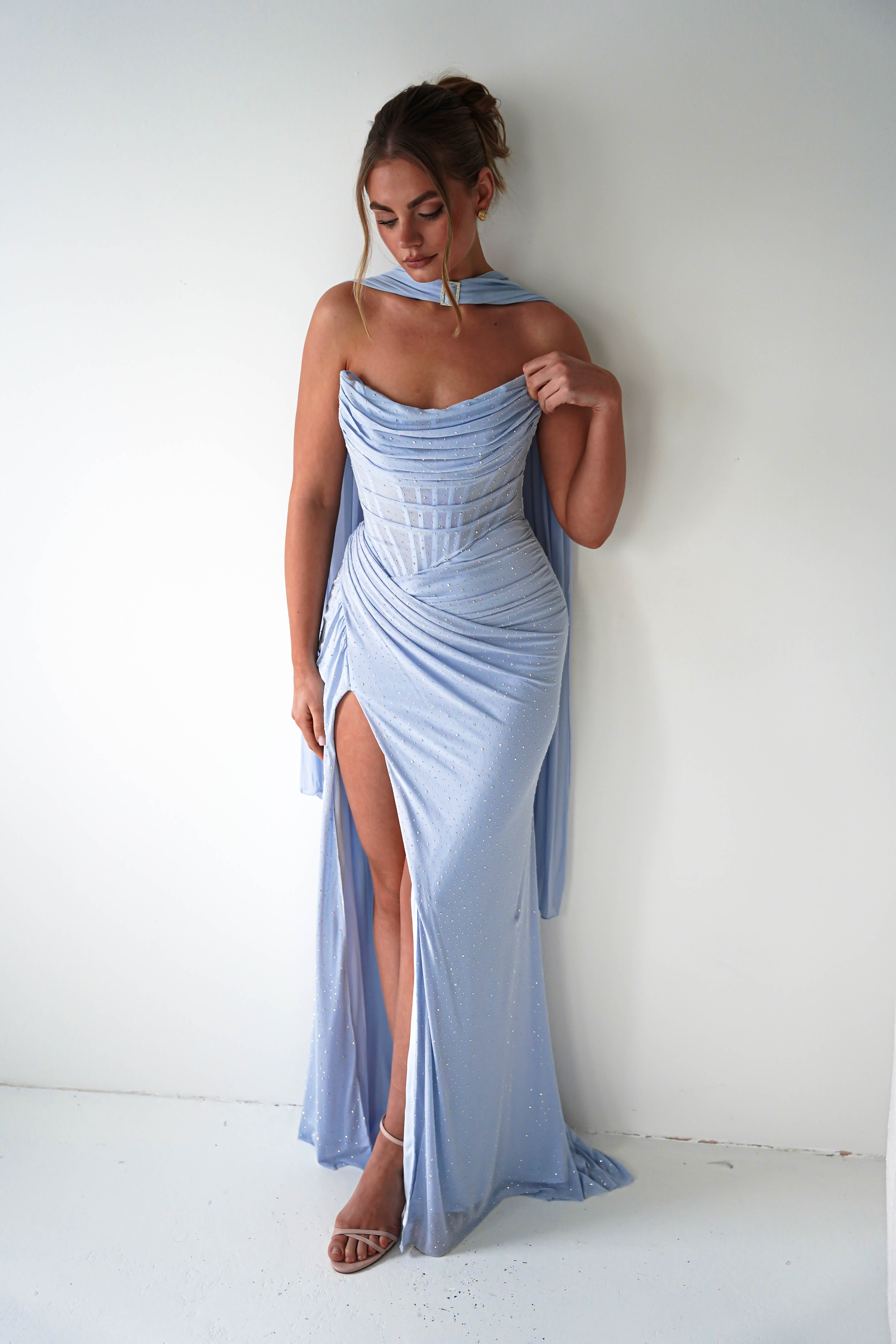 Oh Hello Clothing Dresses > Prom Dresses Diana Draped Strapless Rhinestone Gown | Blue