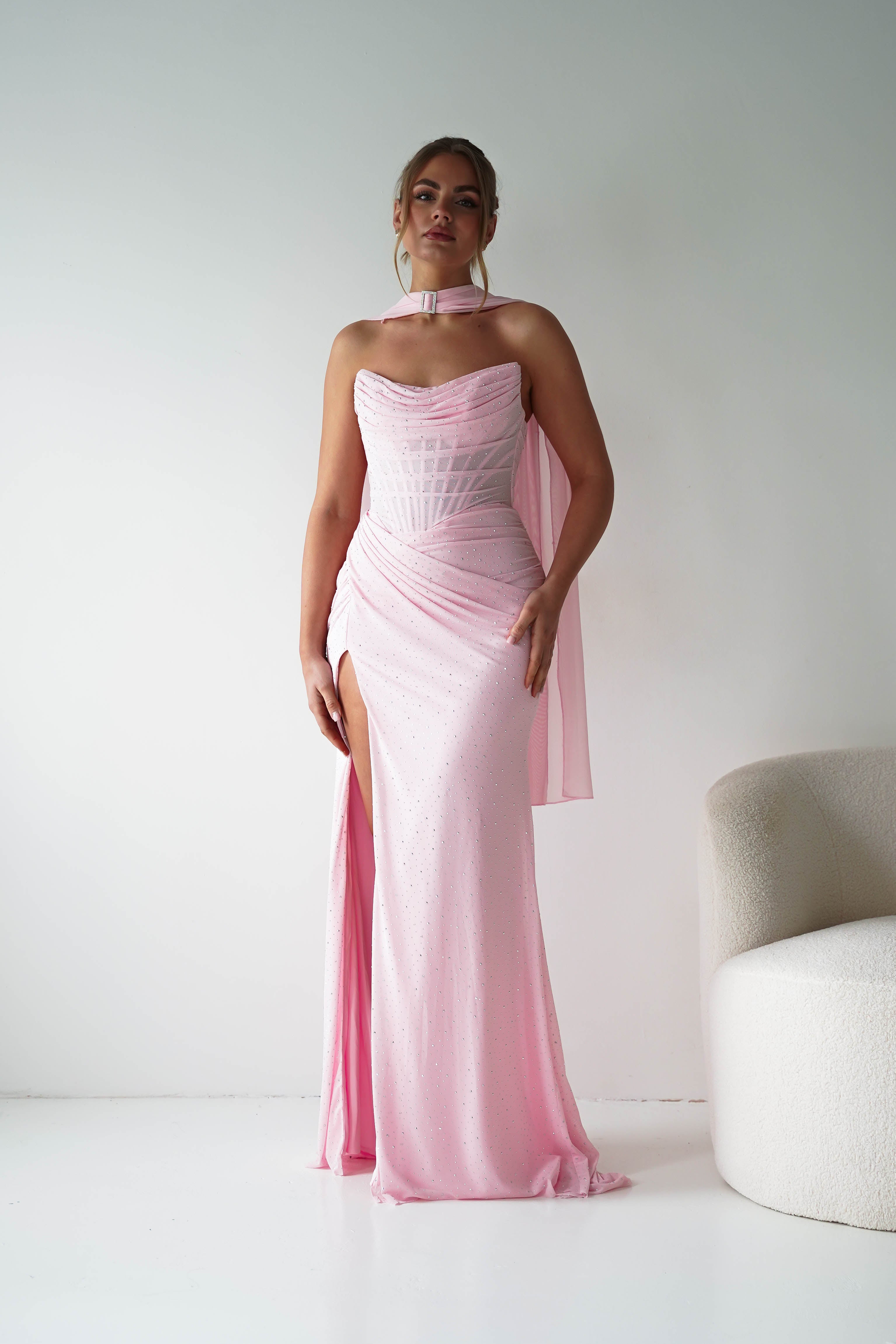 Oh Hello Clothing Dresses > Prom Dresses Diana Draped Strapless Rhinestone Gown | Pink