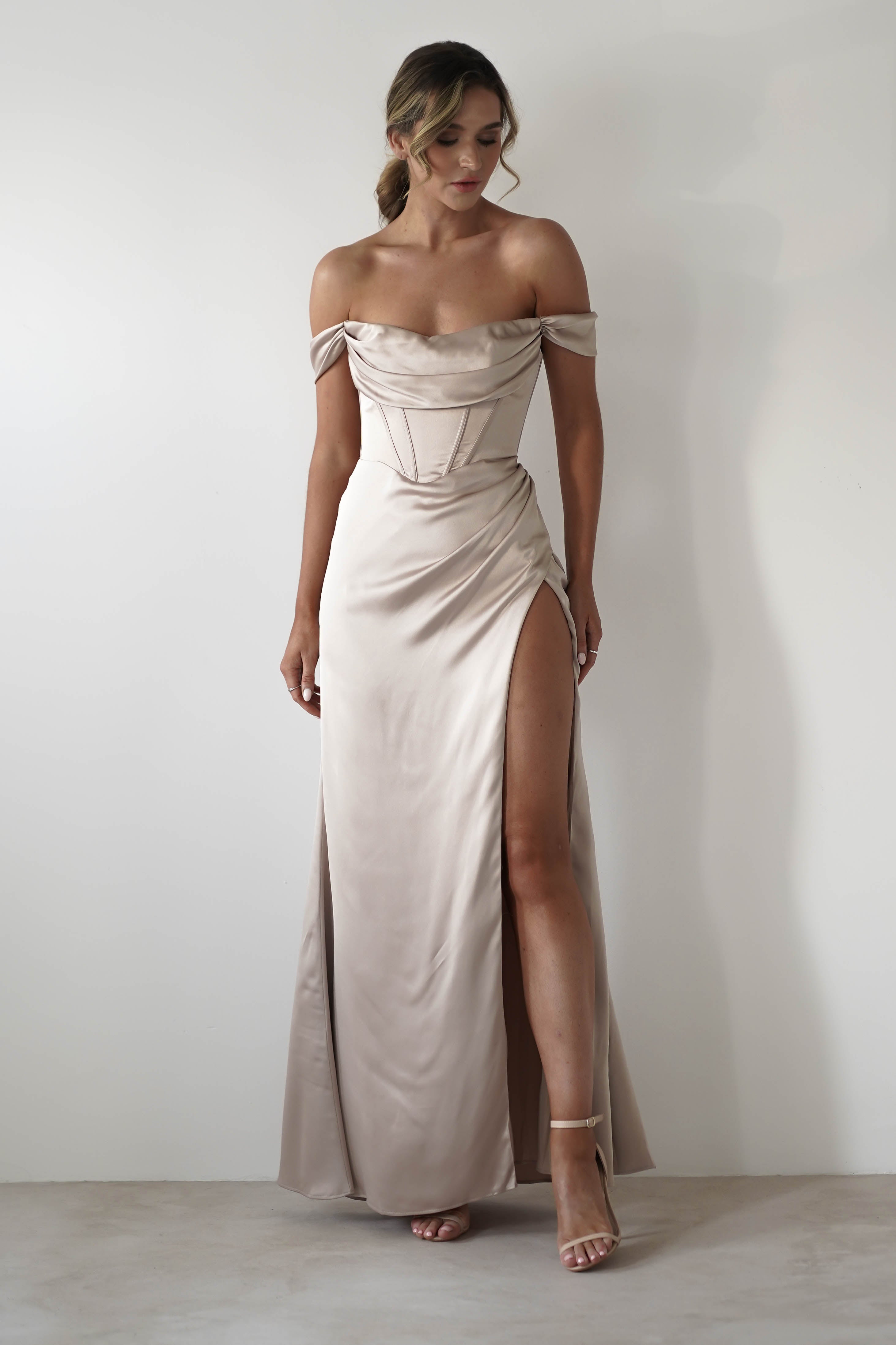 Dionne Soft Coset Maxi Gown | Champagne | Debs & Prom | Formal Gown | Oh Hello Clothing
