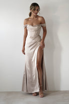 Dionne Soft Coset Maxi Gown | Champagne | Debs & Prom | Formal Gown | Oh Hello Clothing