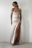 Dionne Soft Coset Maxi Gown | Champagne | Debs & Prom | Formal Gown | Oh Hello Clothing