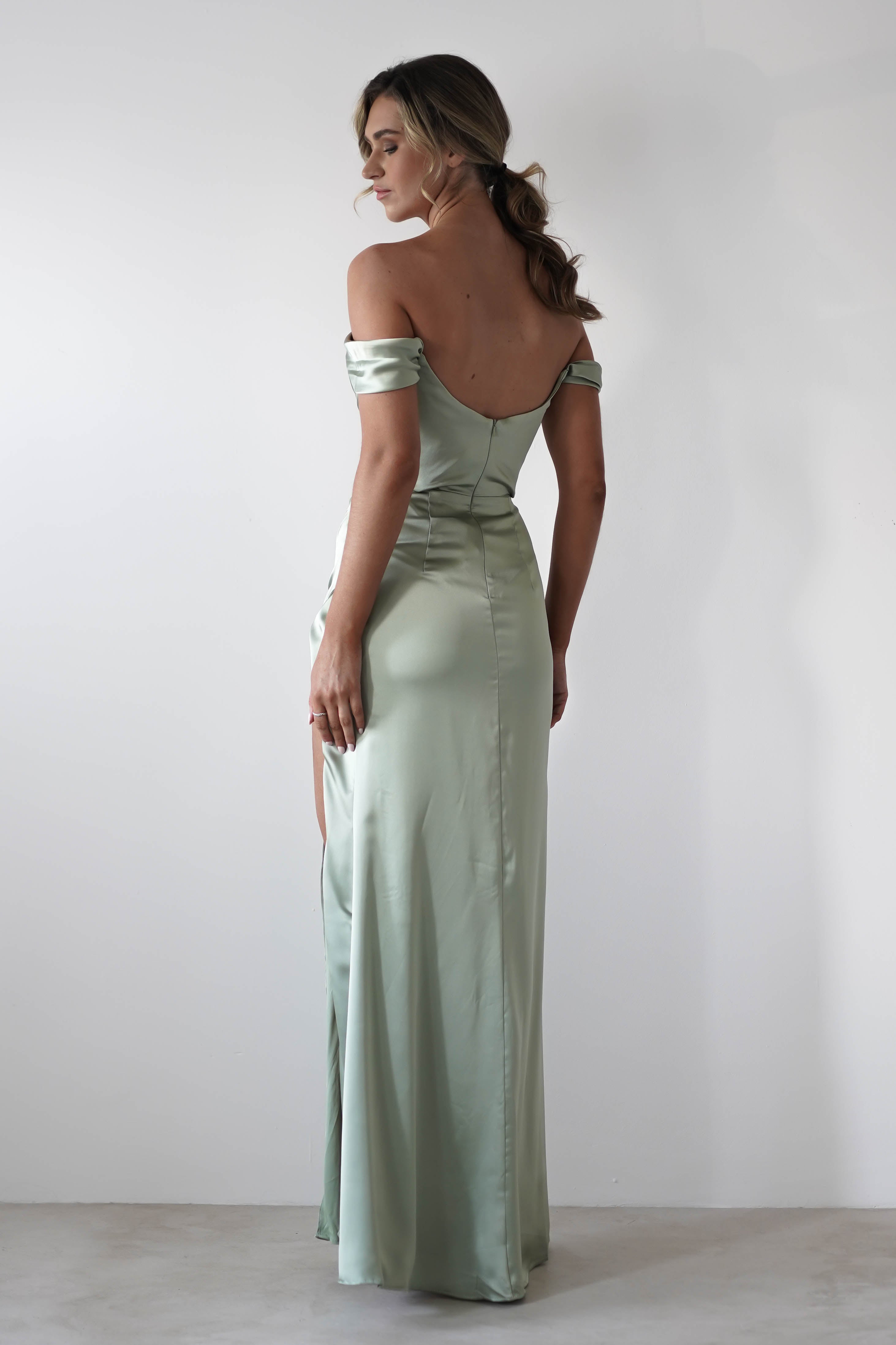 Dionne Soft Coset Maxi Gown | Sage | Debs & Prom | Formal Gown | Oh Hello Clothing
