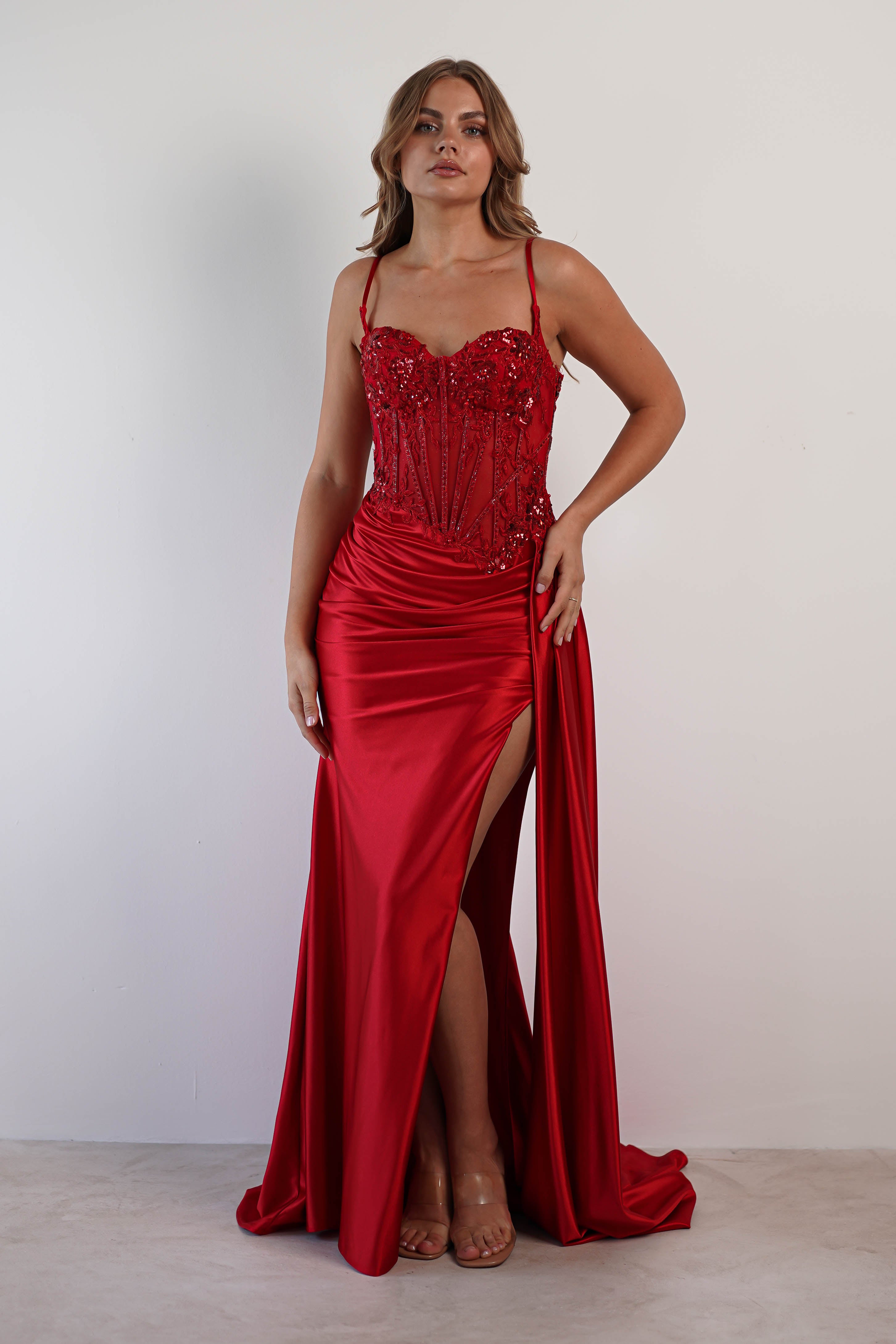 Diva Embellished Corset Gown | Red | Debs & Prom | Formal Gown | Oh Hello Clothing