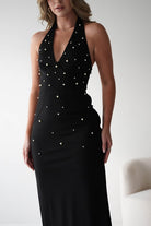 Dobrev Pearl Detail Bodycon Midi Dress | Black | Black Tie Dress | Graduation | Oh Hello Clothing