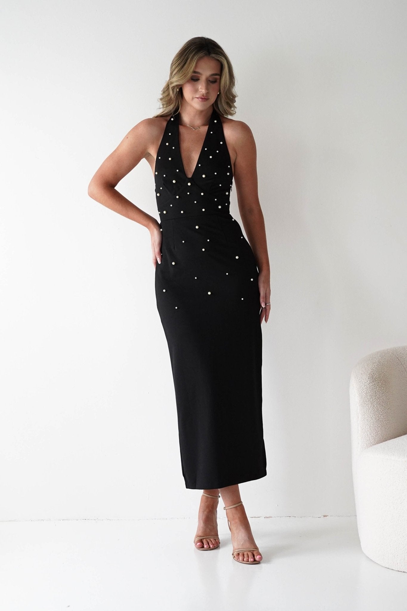 Dobrev Pearl Detail Bodycon Midi Dress | Black | Black Tie Dress | Graduation | Oh Hello Clothing