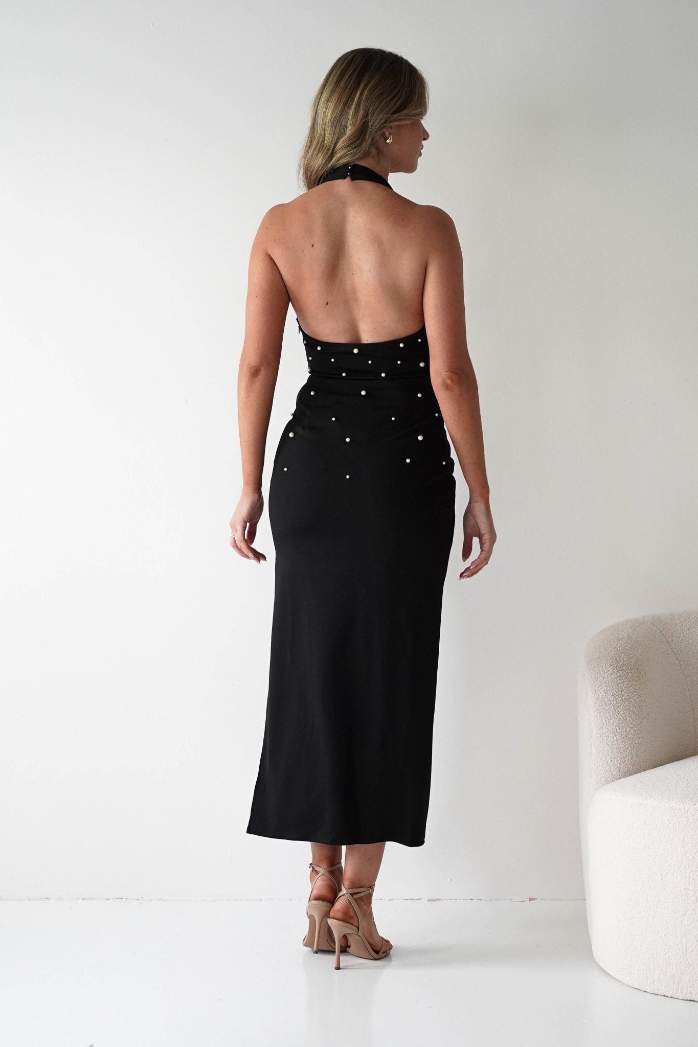 Dobrev Pearl Detail Bodycon Midi Dress | Black | Black Tie Dress | Graduation | Oh Hello Clothing