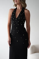 Dobrev Pearl Detail Bodycon Midi Dress | Black | Black Tie Dress | Graduation | Oh Hello Clothing