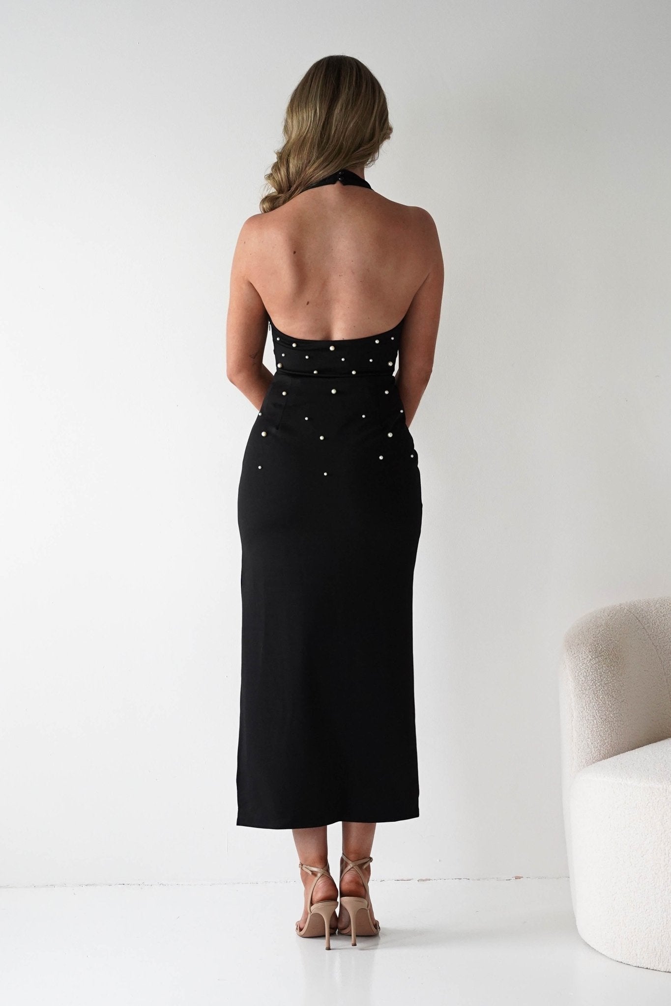 Dobrev Pearl Detail Bodycon Midi Dress | Black | Black Tie Dress | Graduation | Oh Hello Clothing