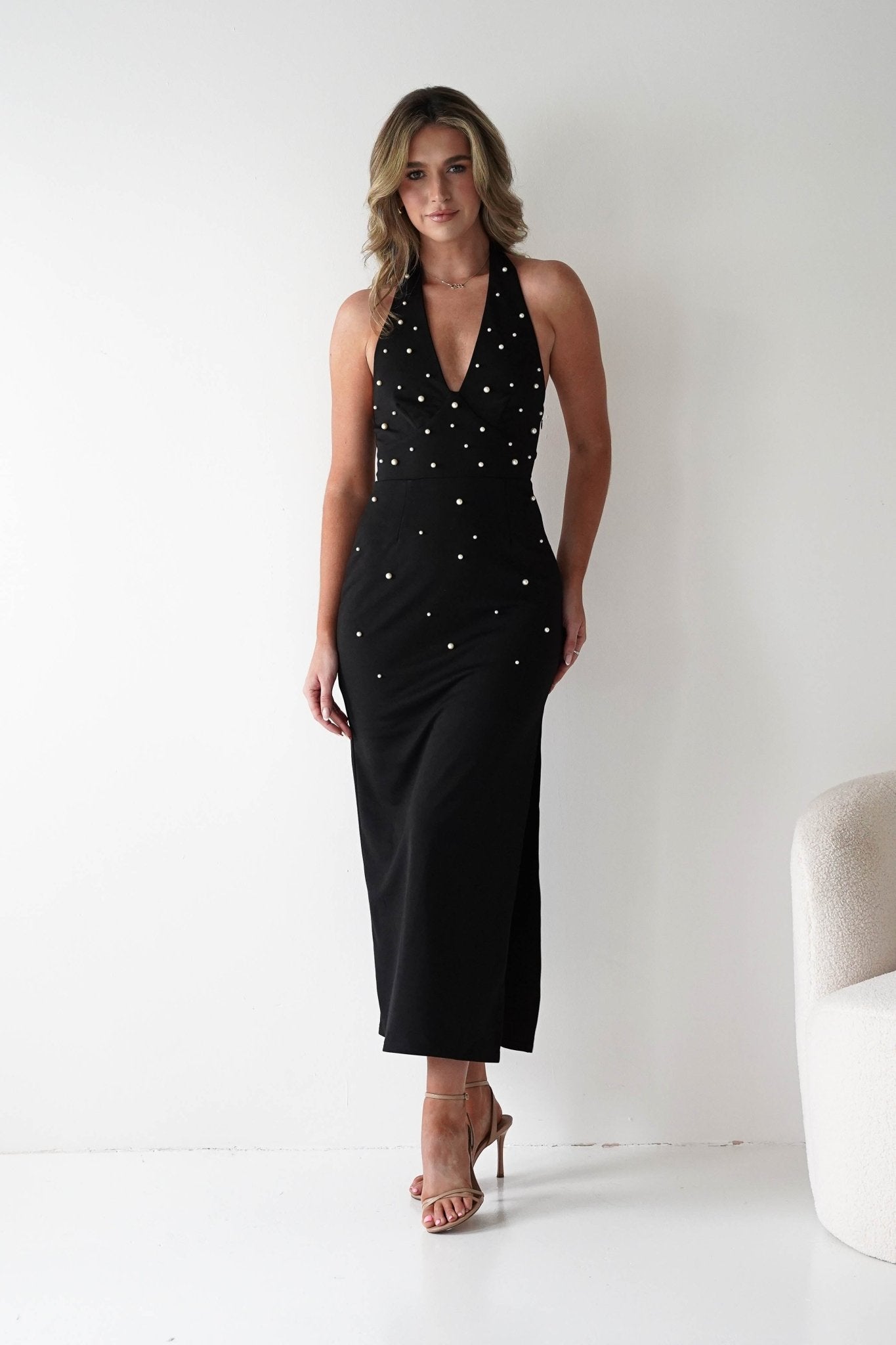 Dobrev Pearl Detail Bodycon Midi Dress | Black | Black Tie Dress | Graduation | Oh Hello Clothing
