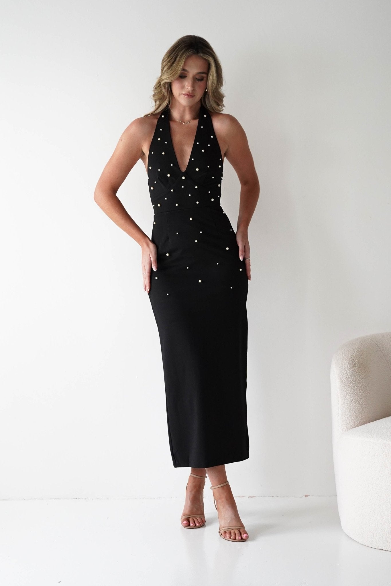 Dobrev Pearl Detail Bodycon Midi Dress | Black | Black Tie Dress | Graduation | Oh Hello Clothing