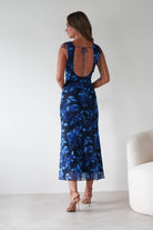 Donatella Mesh Floral Maxi Dress Blue Print | Wedding Guest Dress | Maxi | Mesh | Oh Hello Clothing