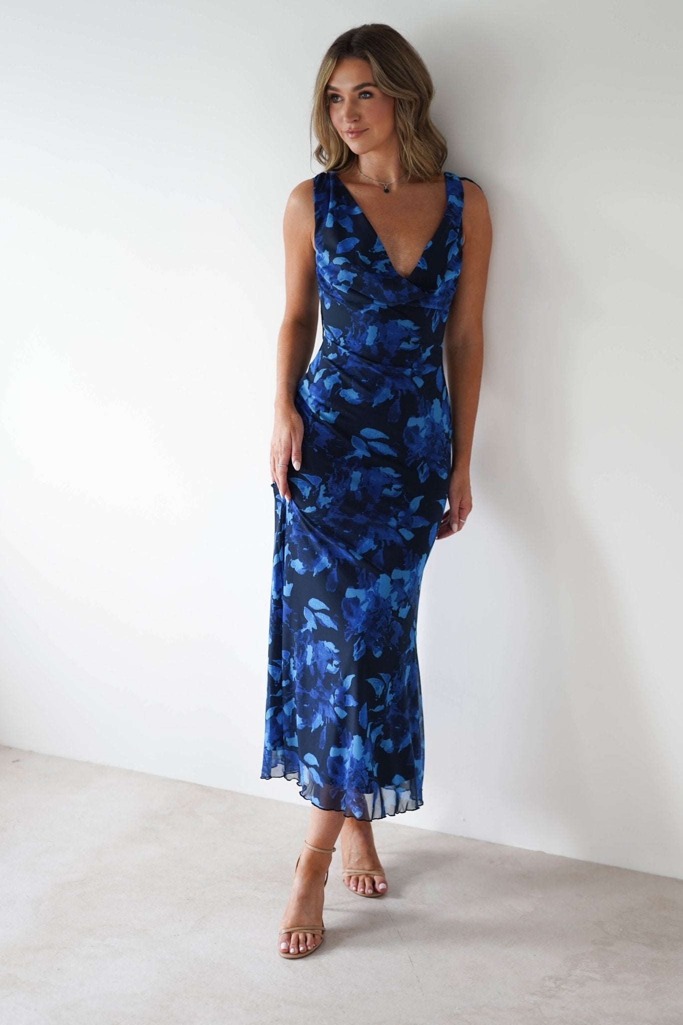 Donatella Mesh Floral Maxi Dress Blue Print | Wedding Guest Dress | Maxi | Mesh | Oh Hello Clothing