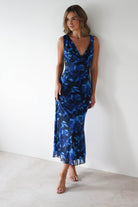 Donatella Mesh Floral Maxi Dress Blue Print | Wedding Guest Dress | Maxi | Mesh | Oh Hello Clothing
