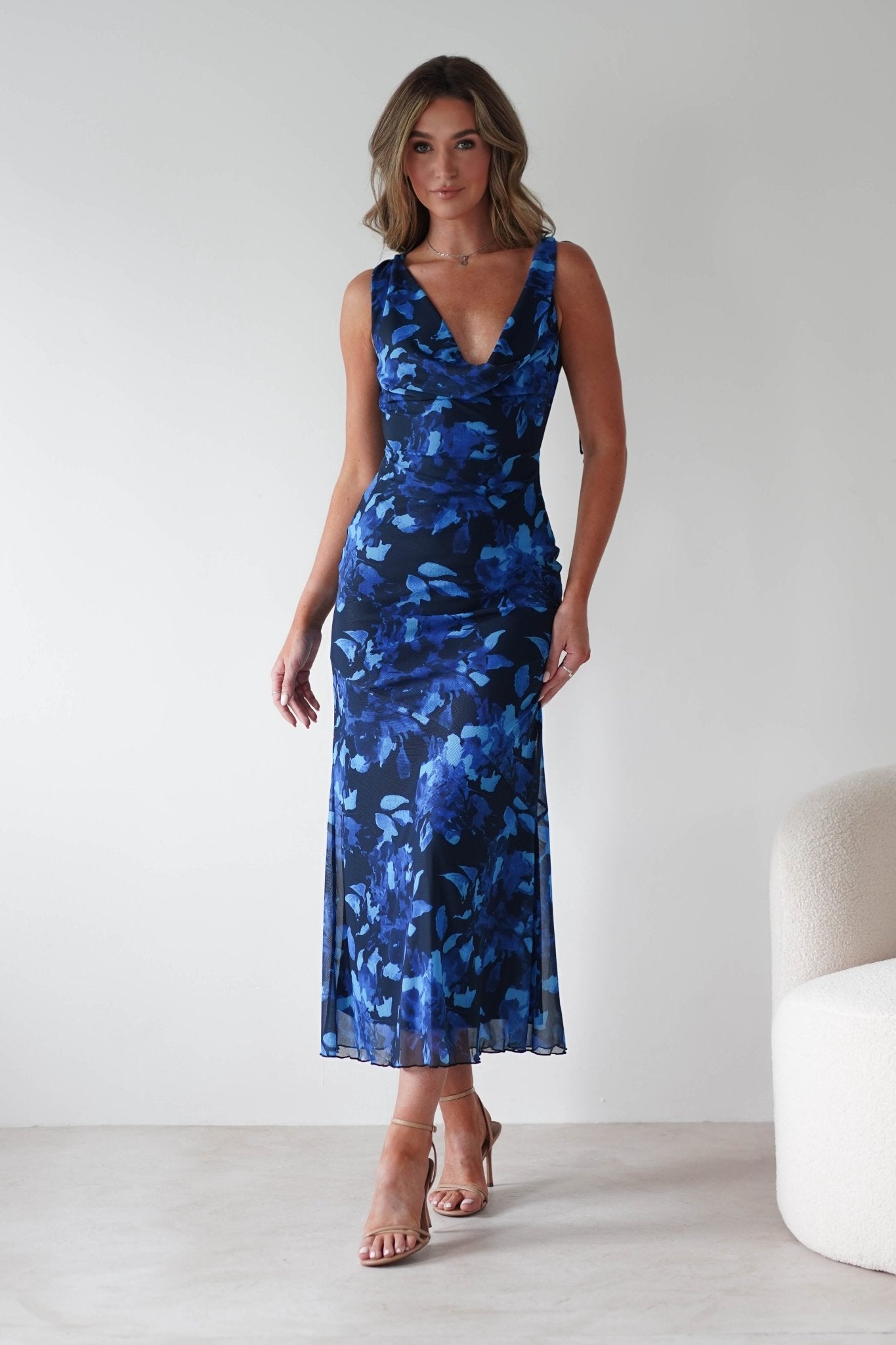 Donatella Mesh Floral Maxi Dress Blue Print | Wedding Guest Dress | Maxi | Mesh | Oh Hello Clothing