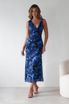 Donatella Mesh Floral Maxi Dress Blue Print | Wedding Guest Dress | Maxi | Mesh | Oh Hello Clothing