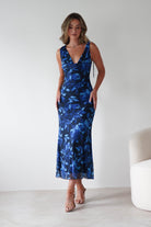 Donatella Mesh Floral Maxi Dress Blue Print | Wedding Guest Dress | Maxi | Mesh | Oh Hello Clothing