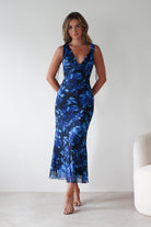Donatella Mesh Floral Maxi Dress Blue Print | Wedding Guest Dress | Maxi | Mesh | Oh Hello Clothing