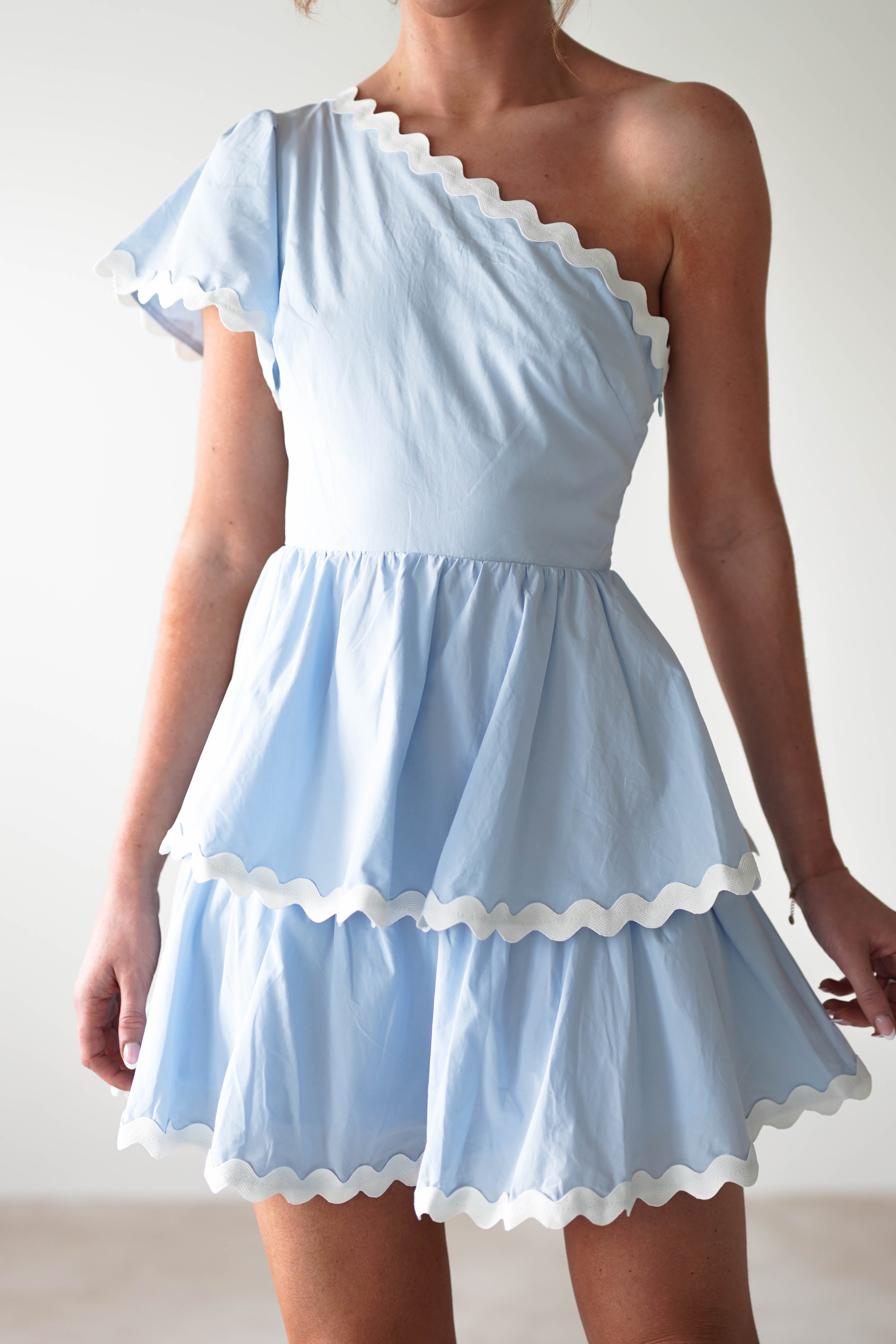 KAARLO Wedding Guest Dresses * DONE - 63963 BABY BLUE BODYCON RUFFLE MIDI | Baby Blue **KAARLO**