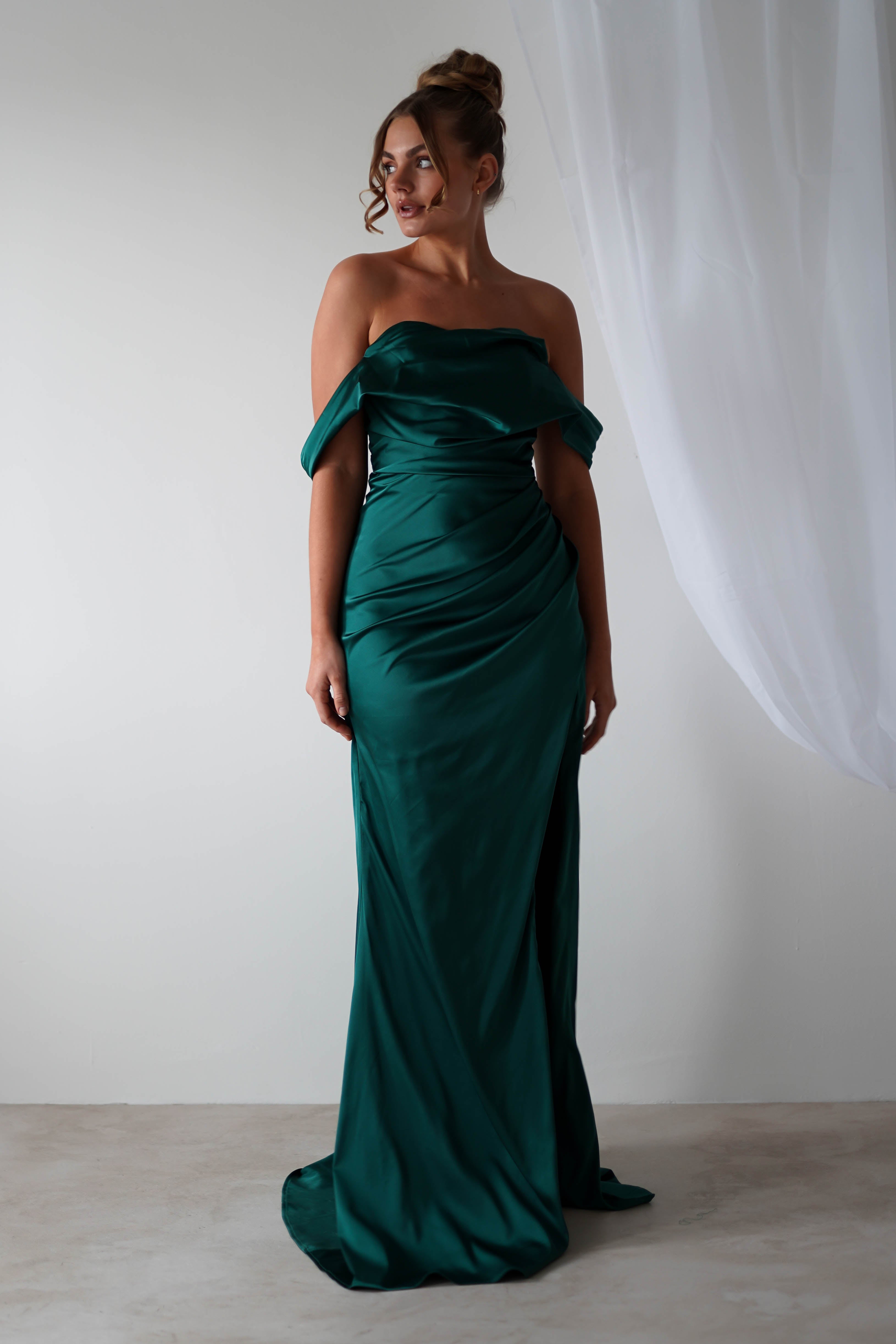 Beth Draped Silky Satin Gown | Green | Debs & Prom | Formal Gown | Oh Hello Clothing