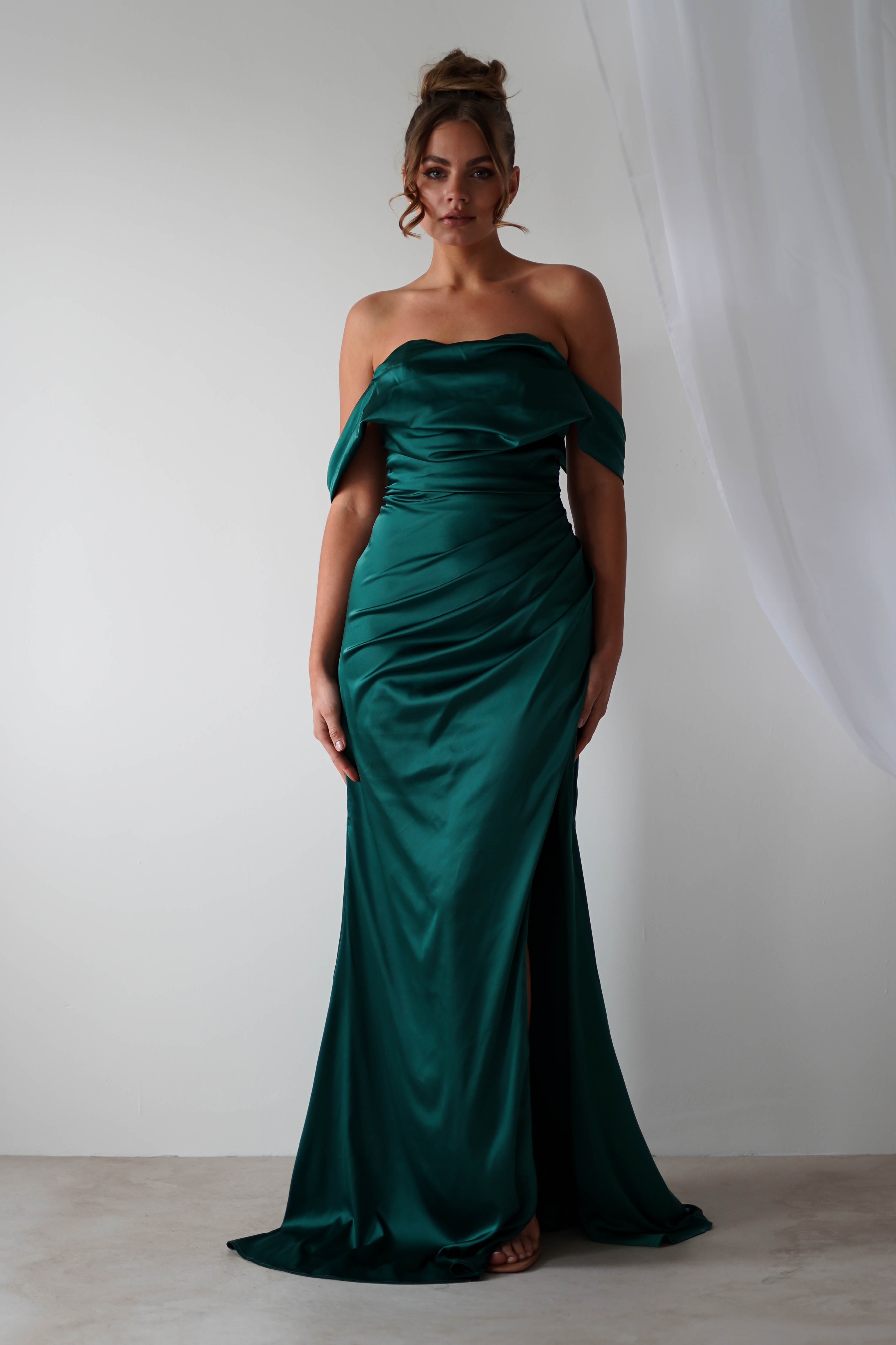 Beth Draped Silky Satin Gown | Green | Debs & Prom | Formal Gown | Oh Hello Clothing
