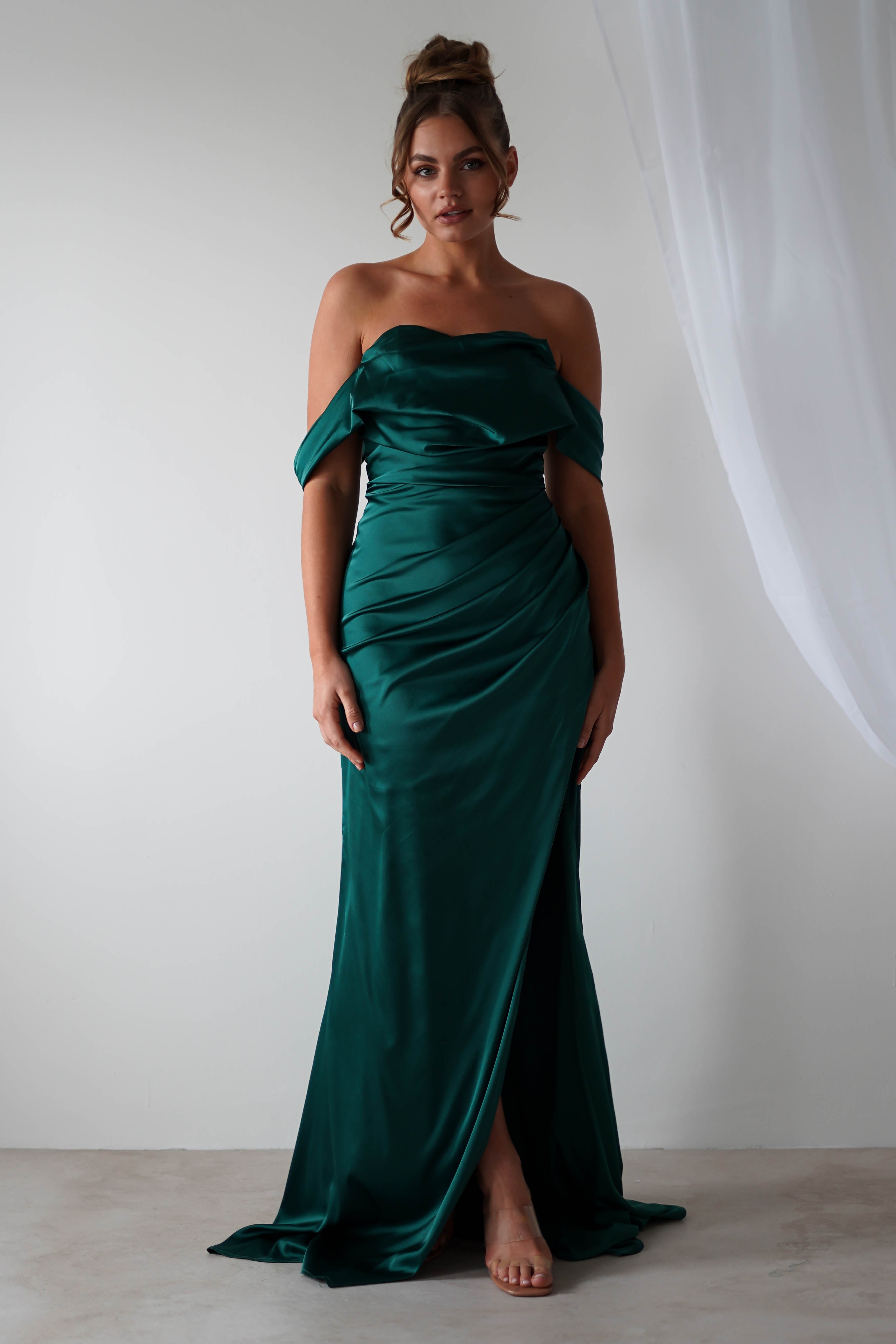 Beth Draped Silky Satin Gown | Green | Debs & Prom | Formal Gown | Oh Hello Clothing