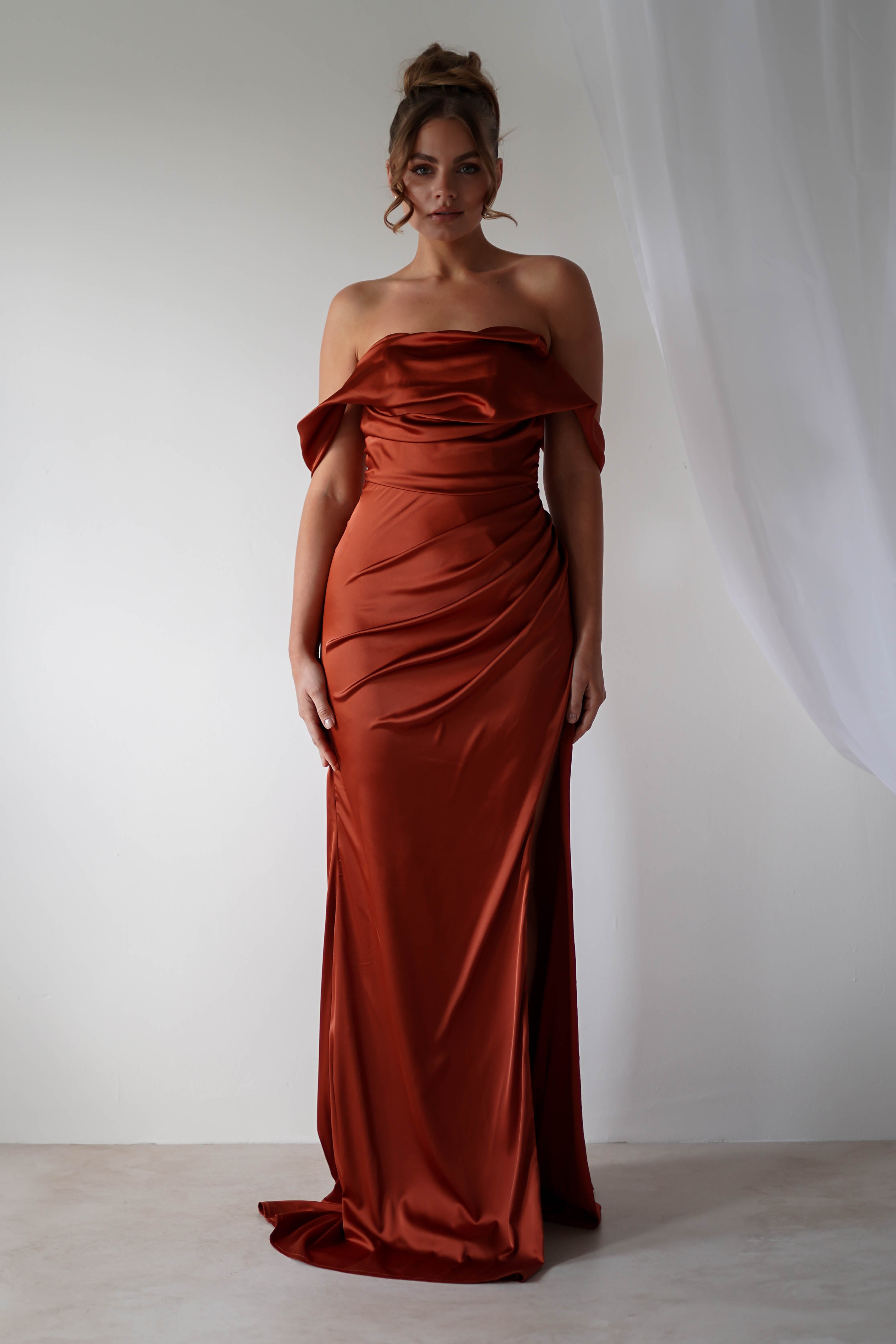 Beth Draped Silky Satin Gown | Rust | Debs & Prom | Formal Gown | Oh Hello Clothing