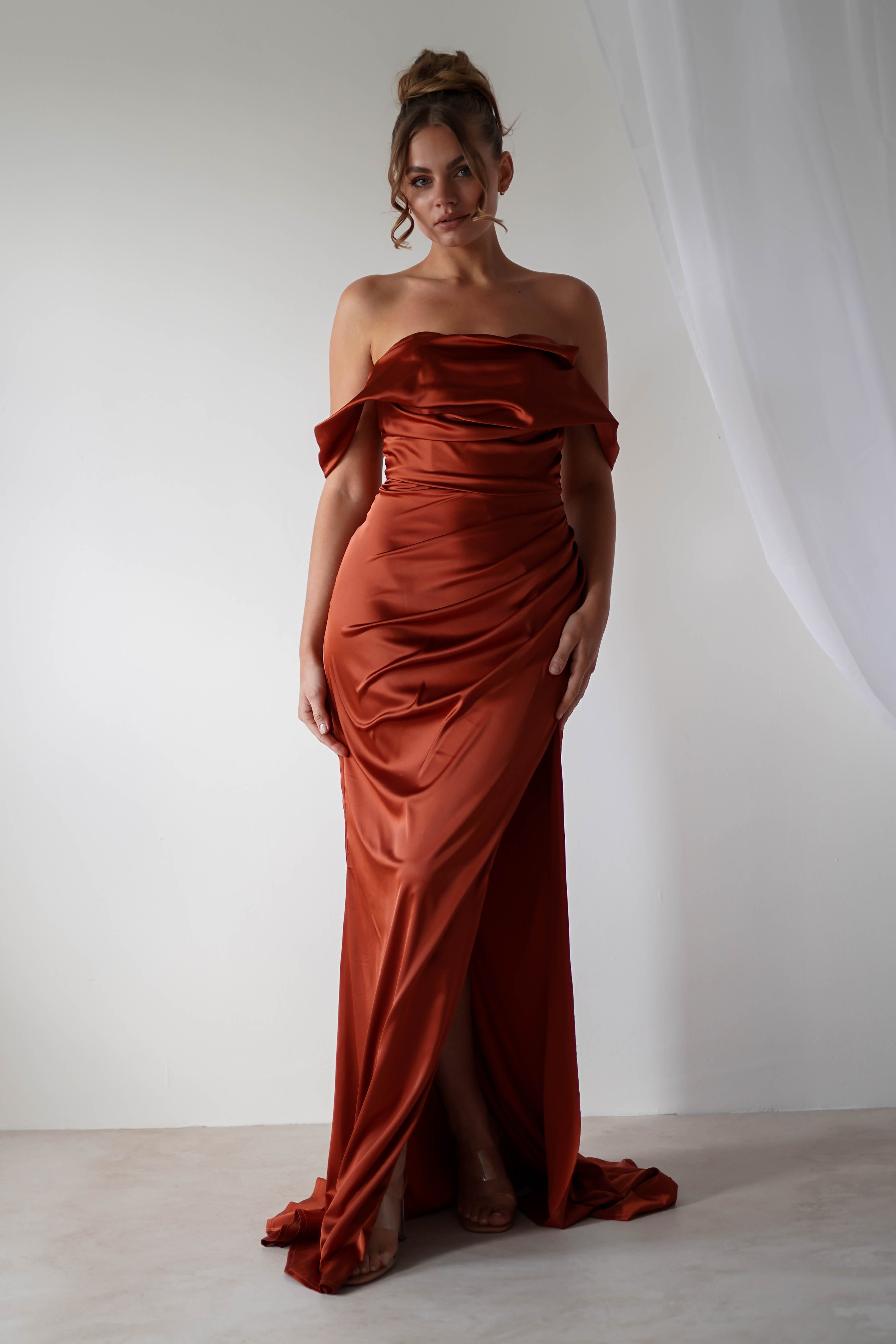 Beth Draped Silky Satin Gown | Rust | Debs & Prom | Formal Gown | Oh Hello Clothing