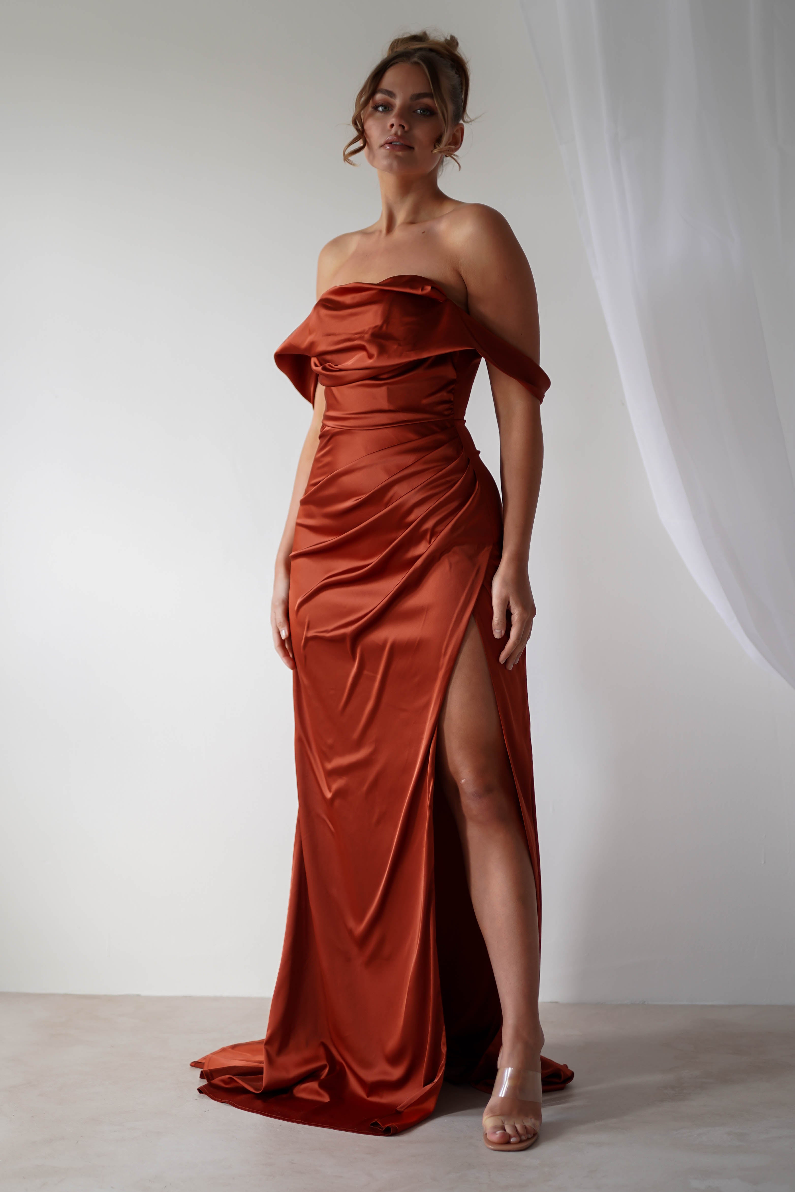 Beth Draped Silky Satin Gown | Rust | Debs & Prom | Formal Gown | Oh Hello Clothing