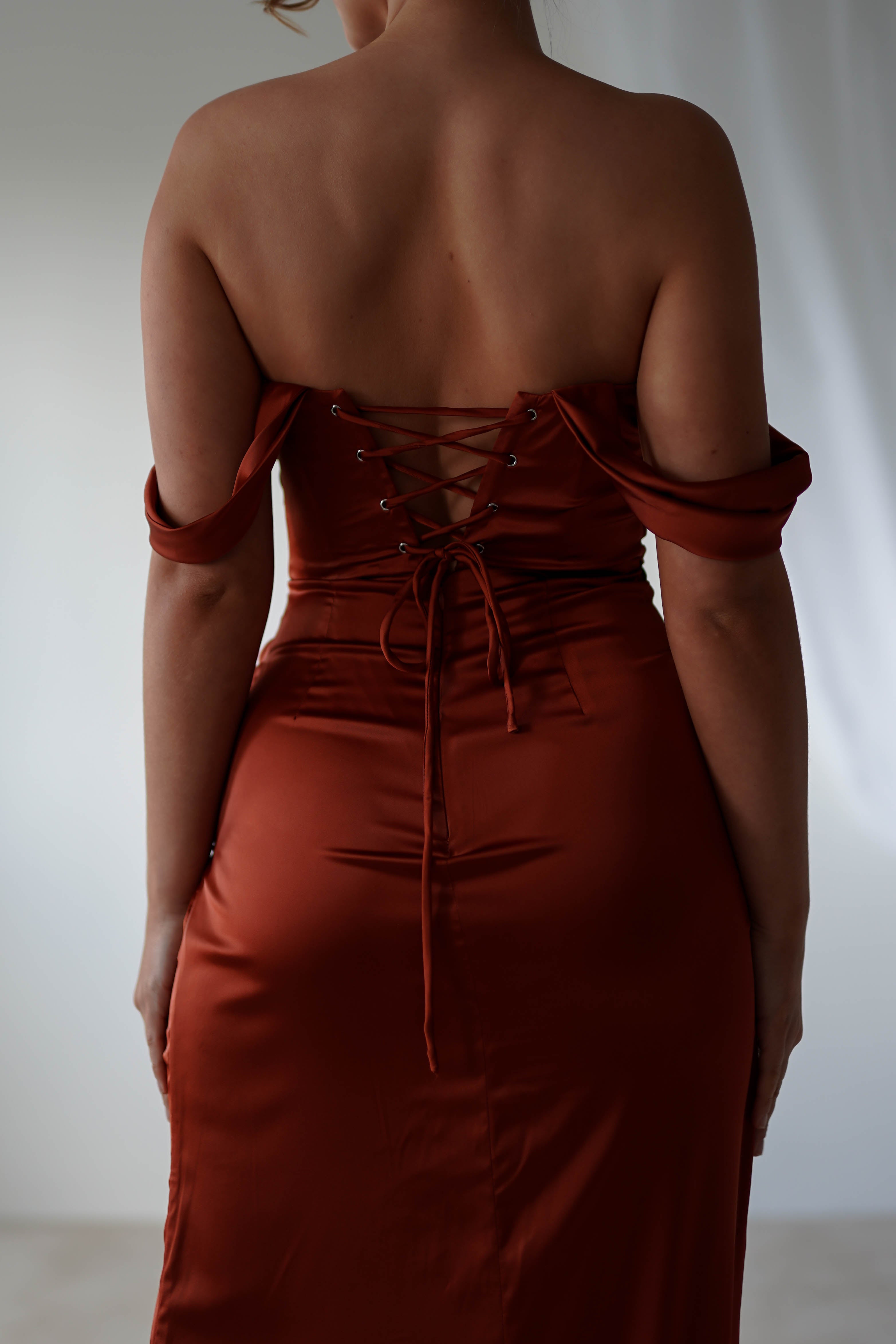 Beth Draped Silky Satin Gown | Rust | Debs & Prom | Formal Gown | Oh Hello Clothing