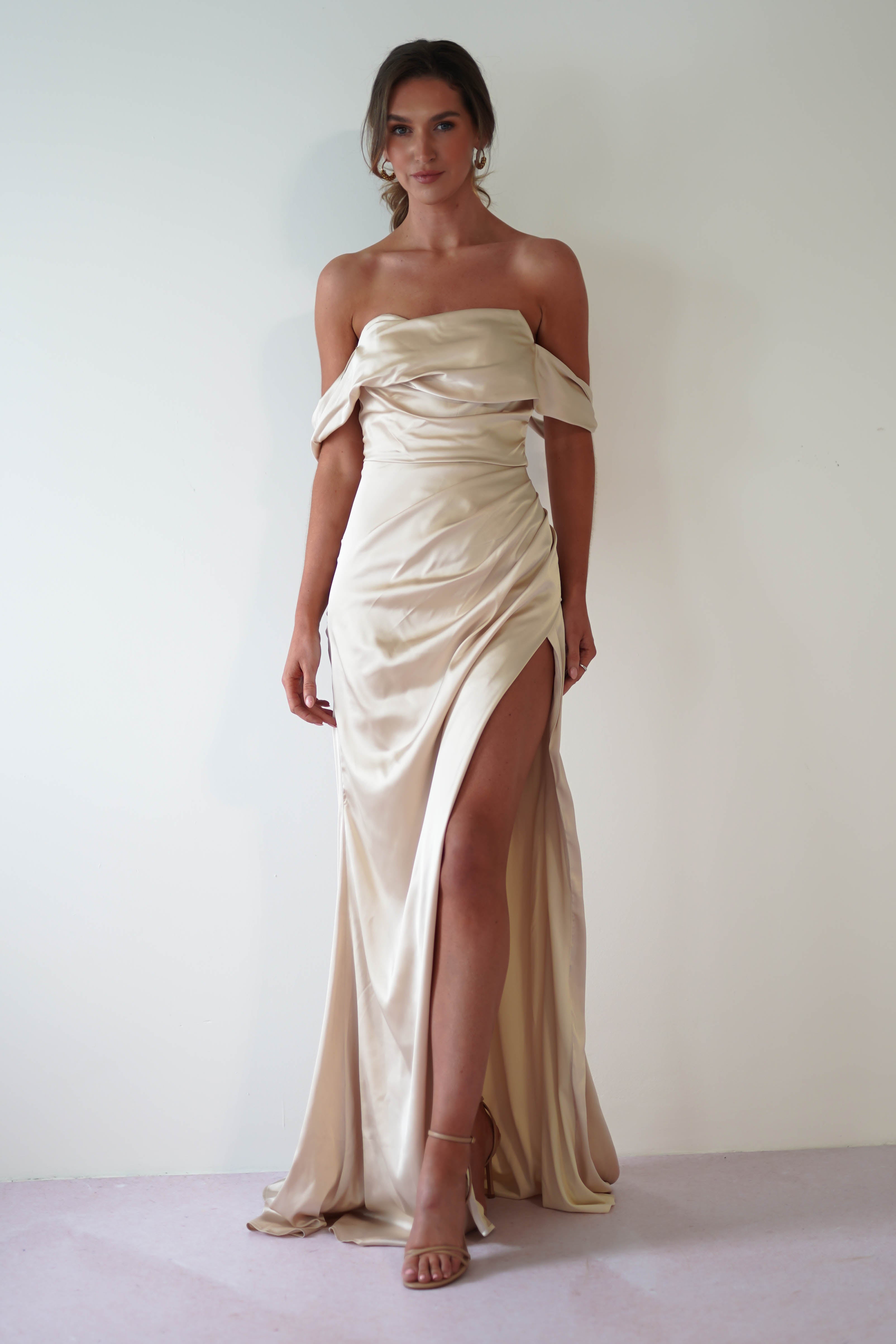 Beth Draped Silky Satin Gown | Champagne | Debs & Prom | Formal Gown | Oh Hello Clothing