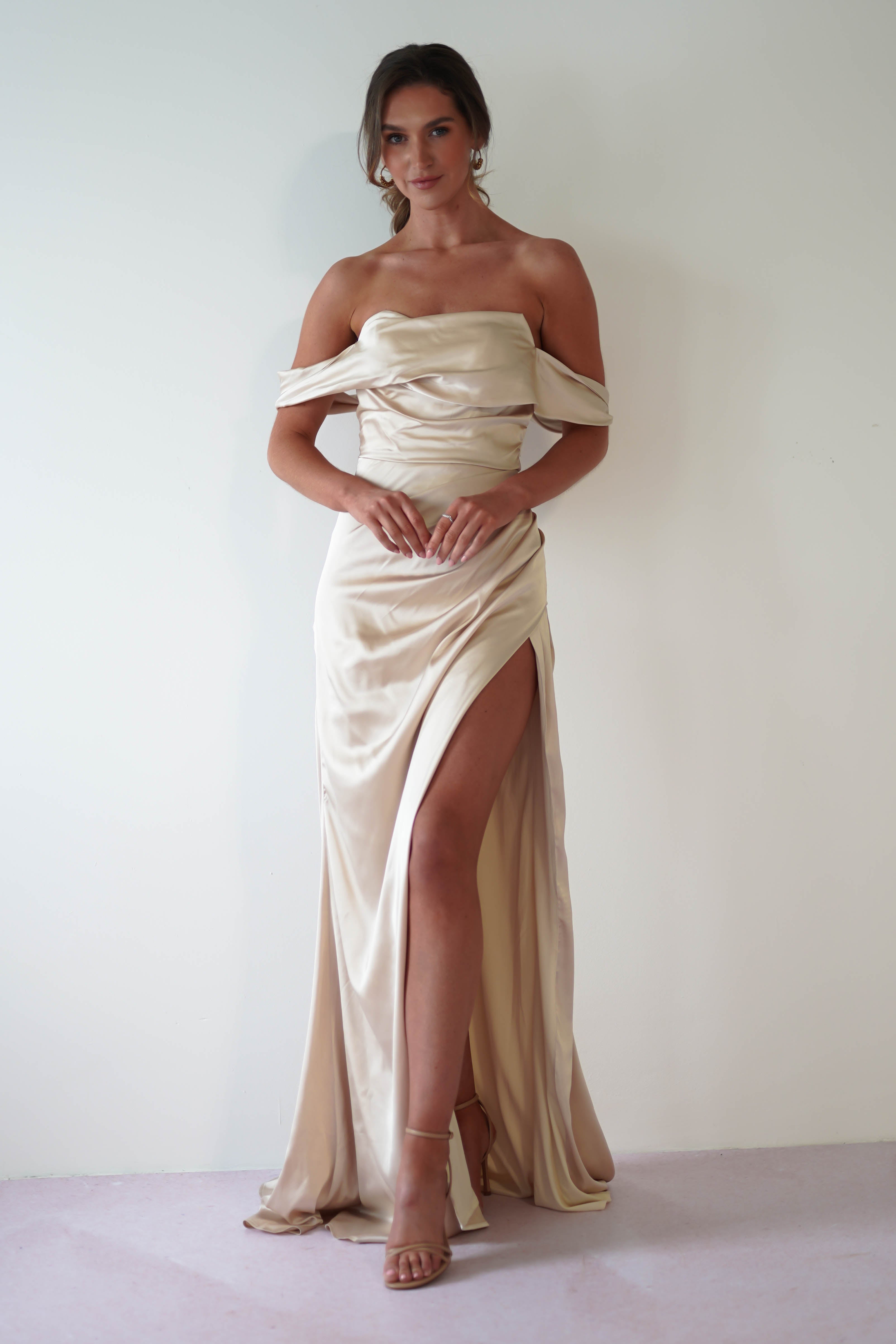 Beth Draped Silky Satin Gown | Champagne | Debs & Prom | Formal Gown | Oh Hello Clothing