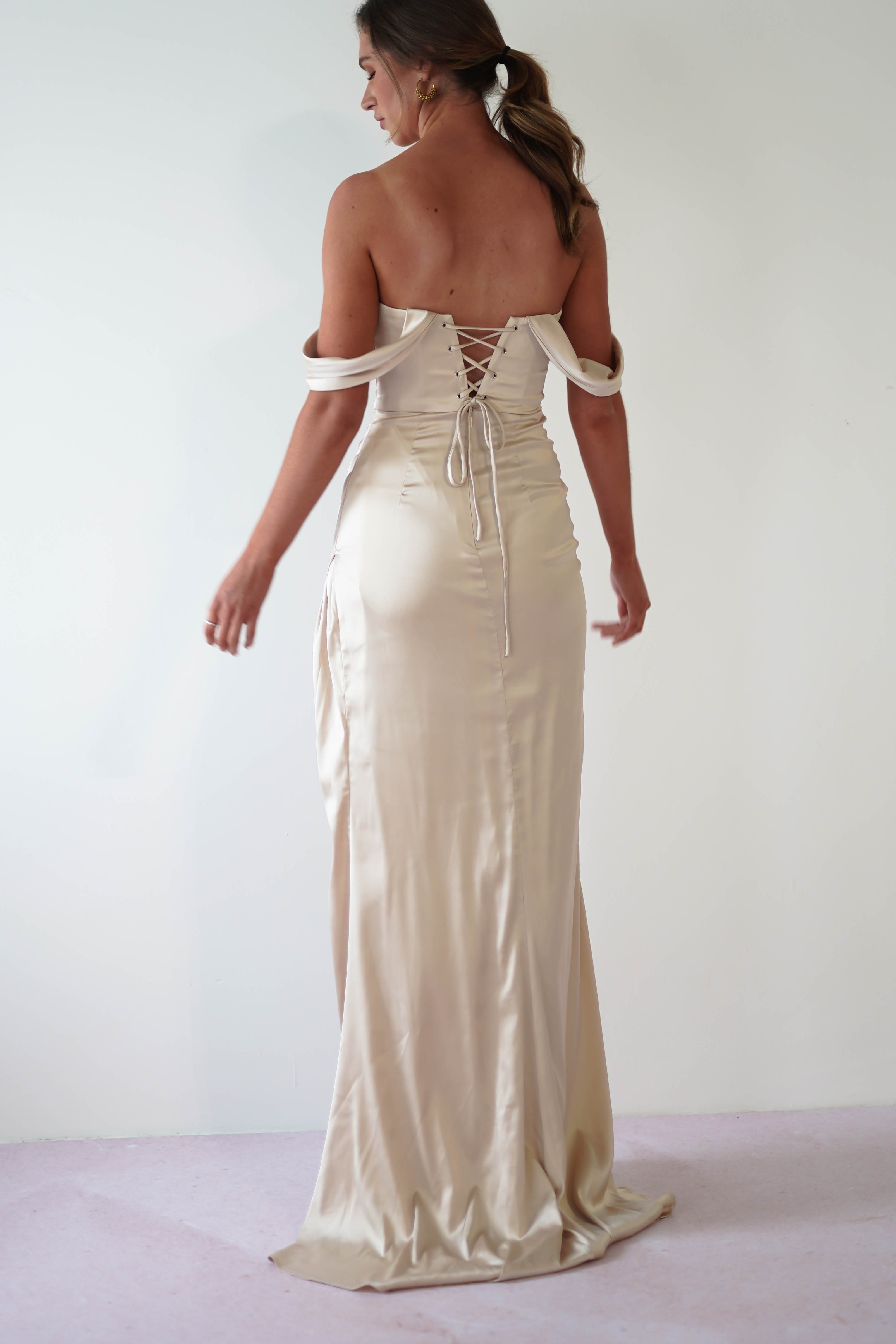 Beth Draped Silky Satin Gown | Champagne | Debs & Prom | Formal Gown | Oh Hello Clothing