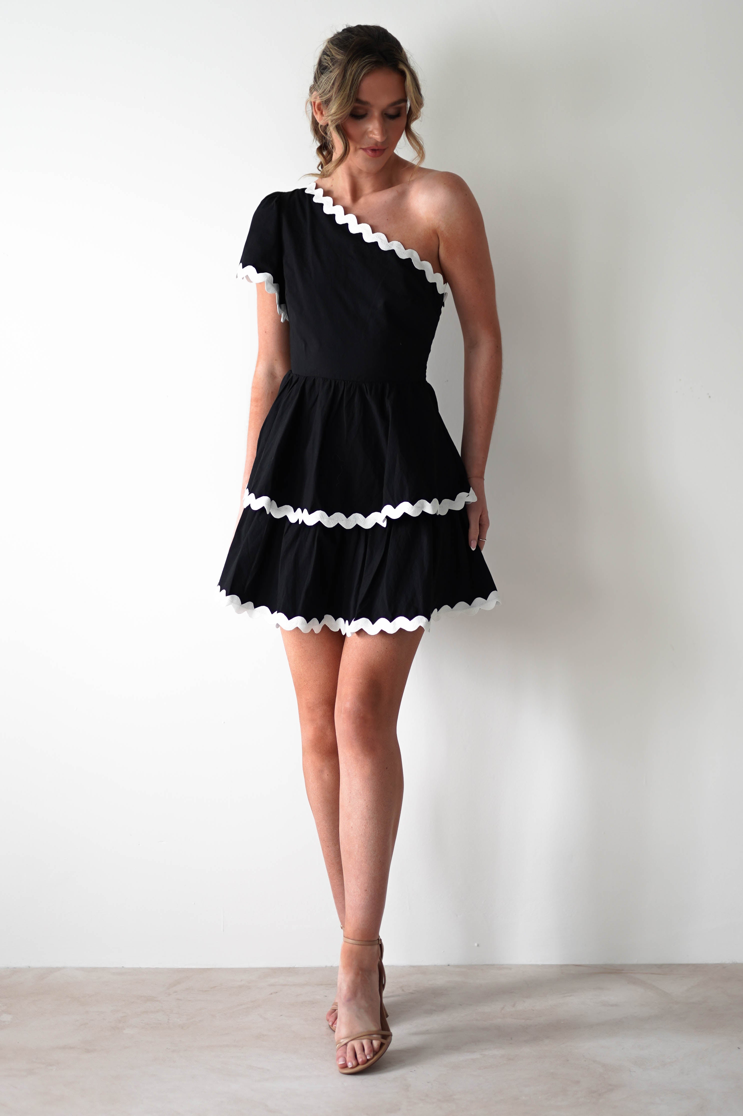 SASHA Wedding Guest Dresses * DONE - BLACK RUFFLE BODYCON WITH ROWAN/KLABELLE NECKLINE | Black ***SASHA