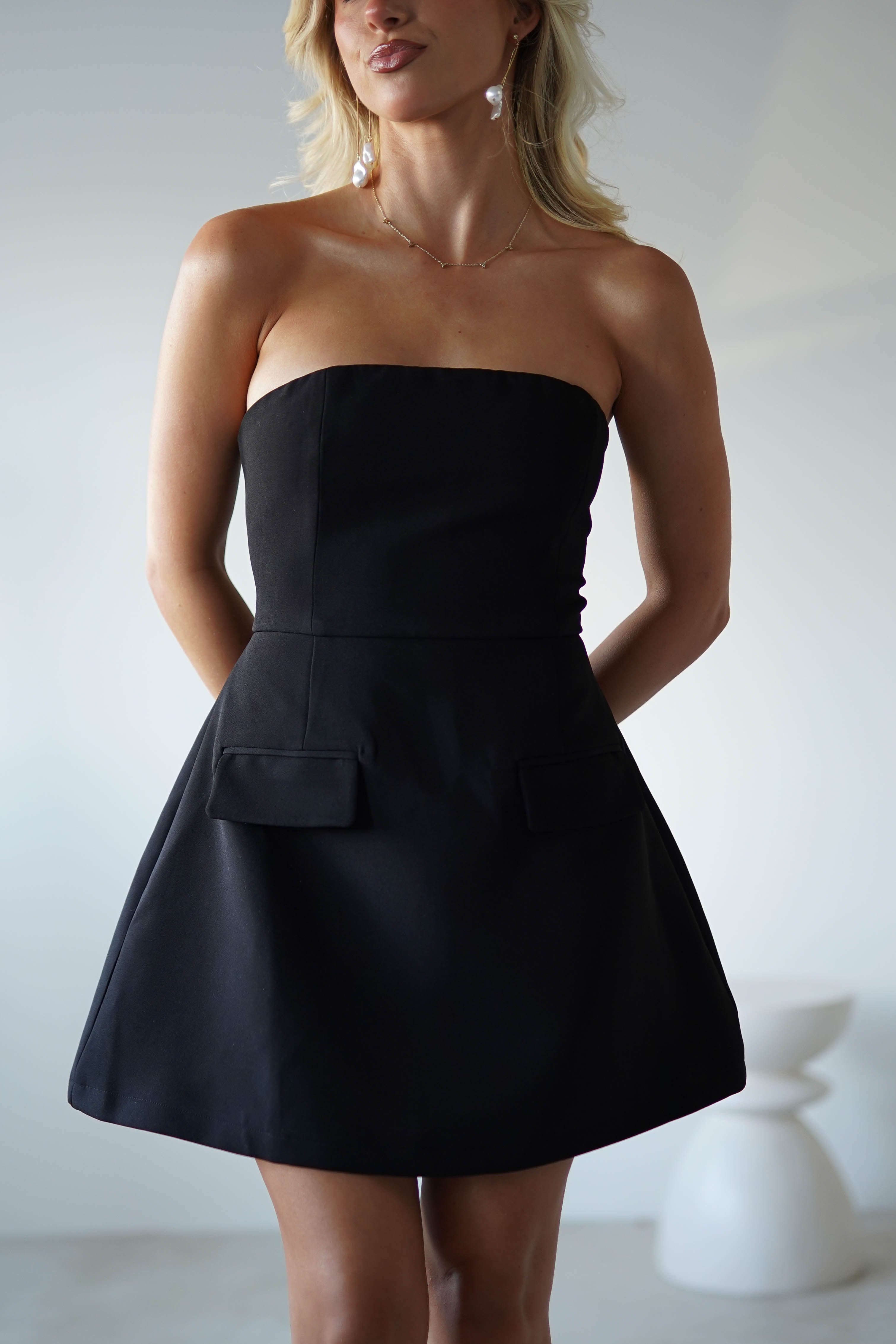 Karla Structured Strapless Mini Dress Black | Wedding Guest Dress | Oh Hello Clothing