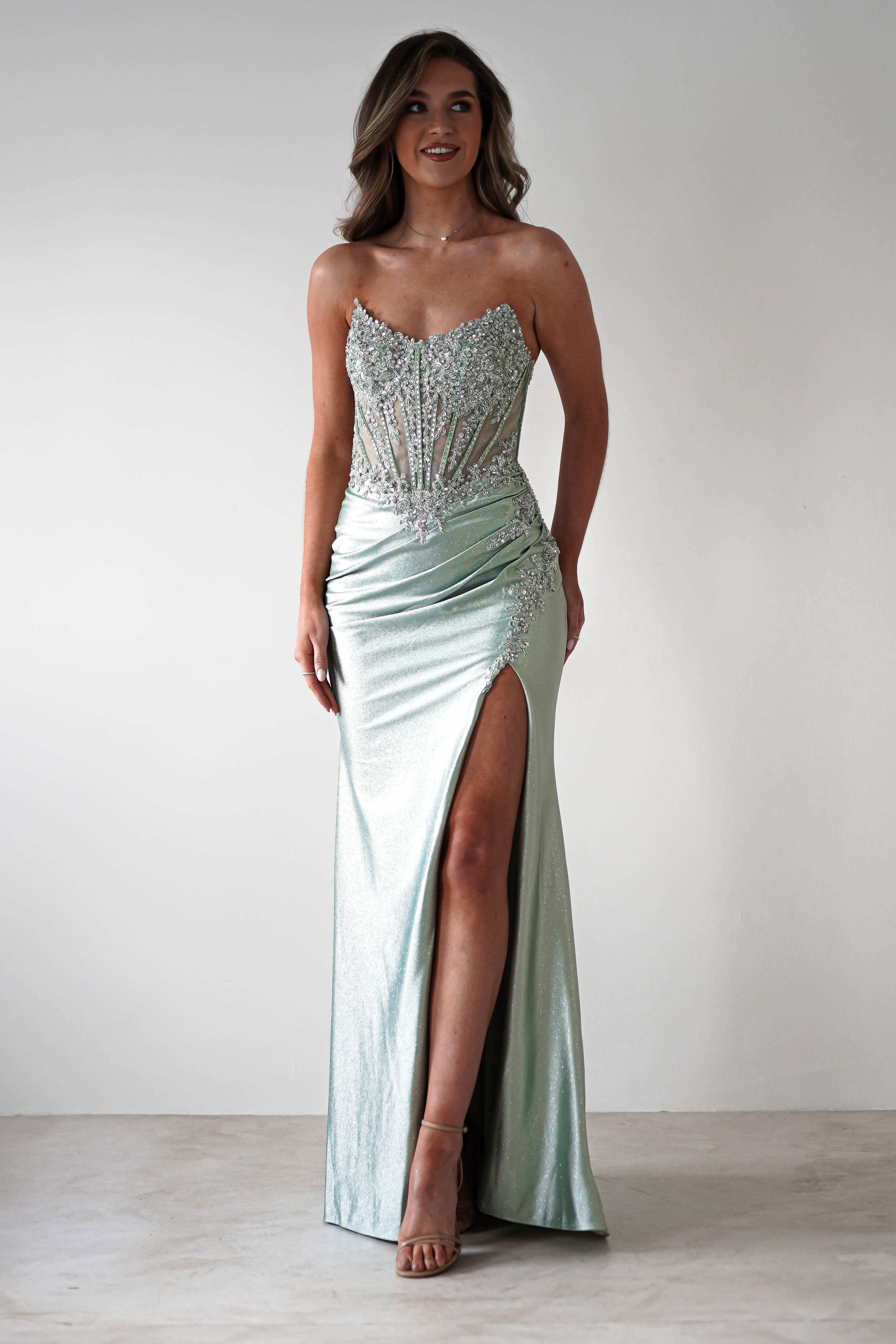 Caspian Embellished Bodycon Gown | Light Green | Debs & Prom | Formal Gown | Oh Hello Clothing