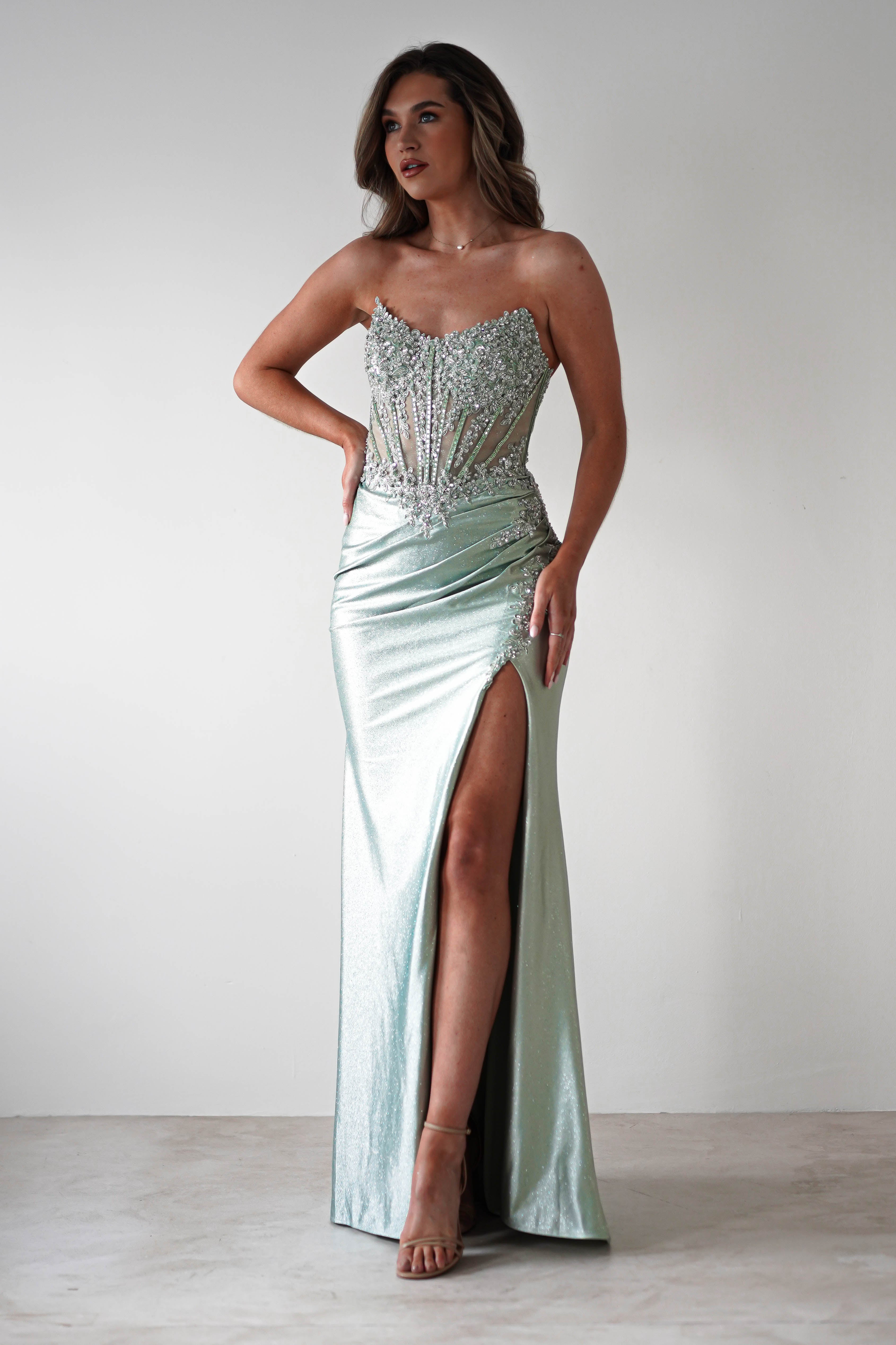 Caspian Embellished Bodycon Gown | Light Green | Debs & Prom | Formal Gown | Oh Hello Clothing
