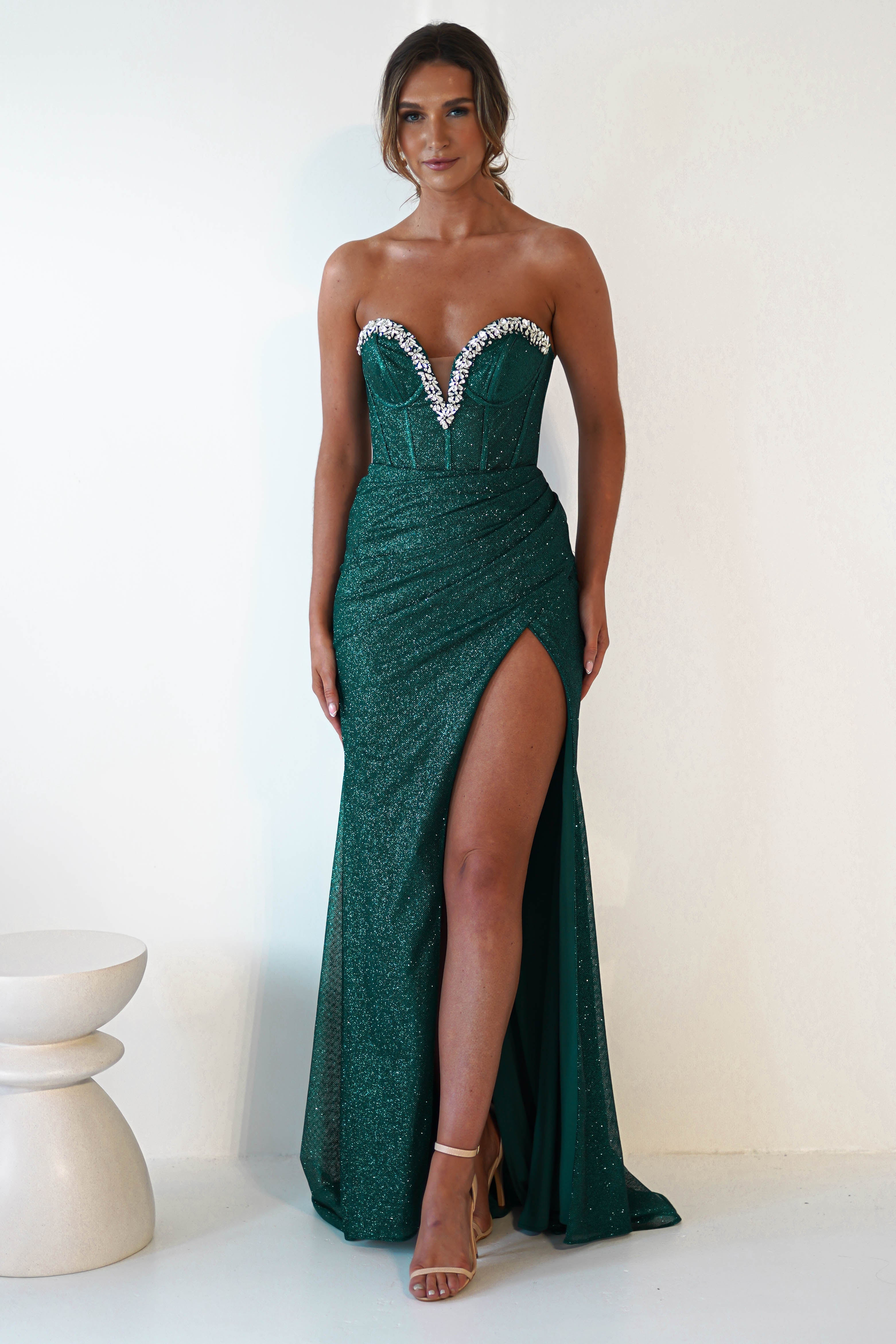 Stephanie Strapless Glitter Gown | Emerald Green | Debs & Prom | Formal Gown | Oh Hello Clothing