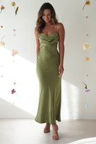 Everleigh Soft Satin Midi Dress Olive | Wedding Guest Dress | Midi | Satin | Oh Hello Clothing