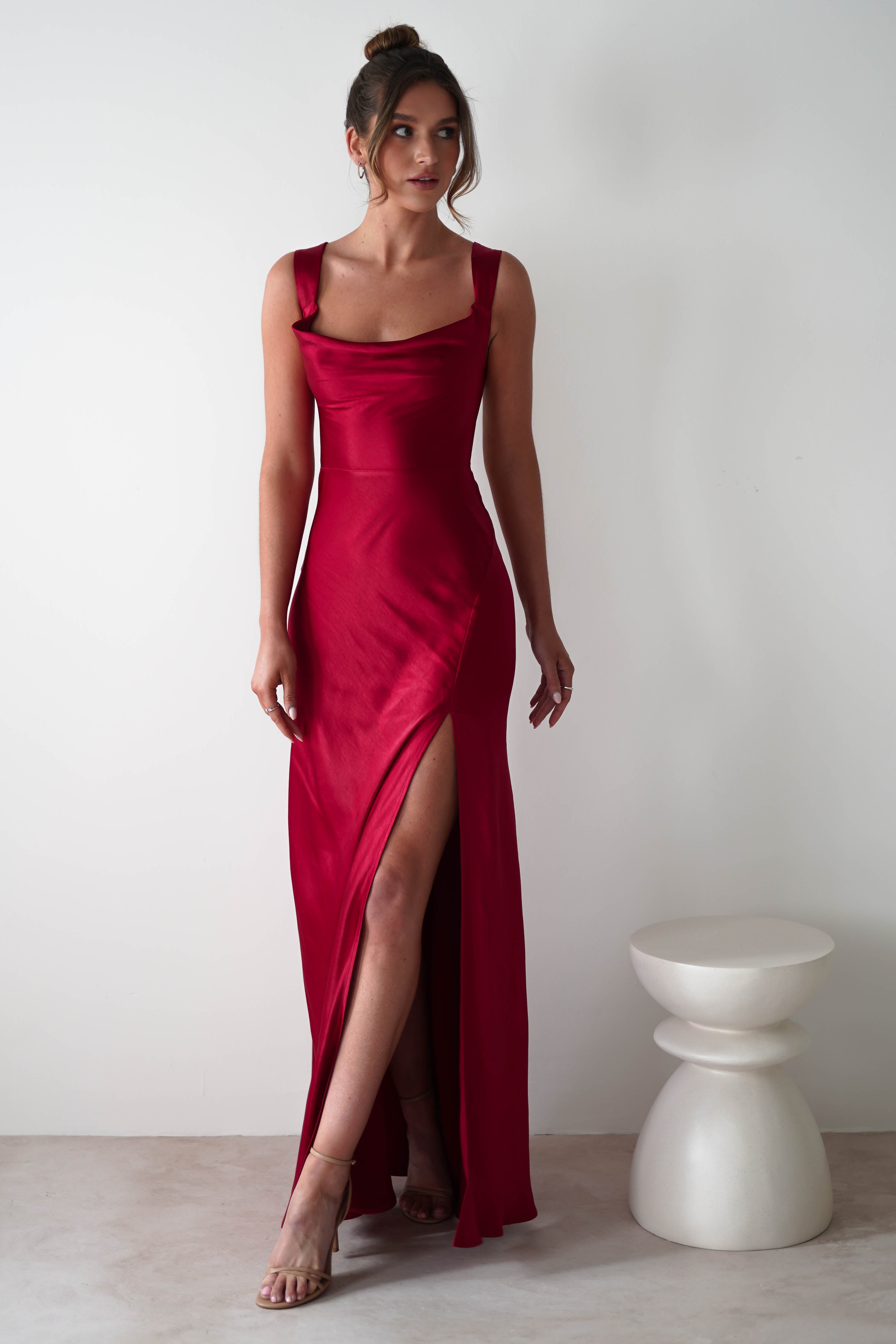 Riviera Soft Satin Maxi Gown | Berry Red | Debs & Prom | Formal Gown | Oh Hello Clothing