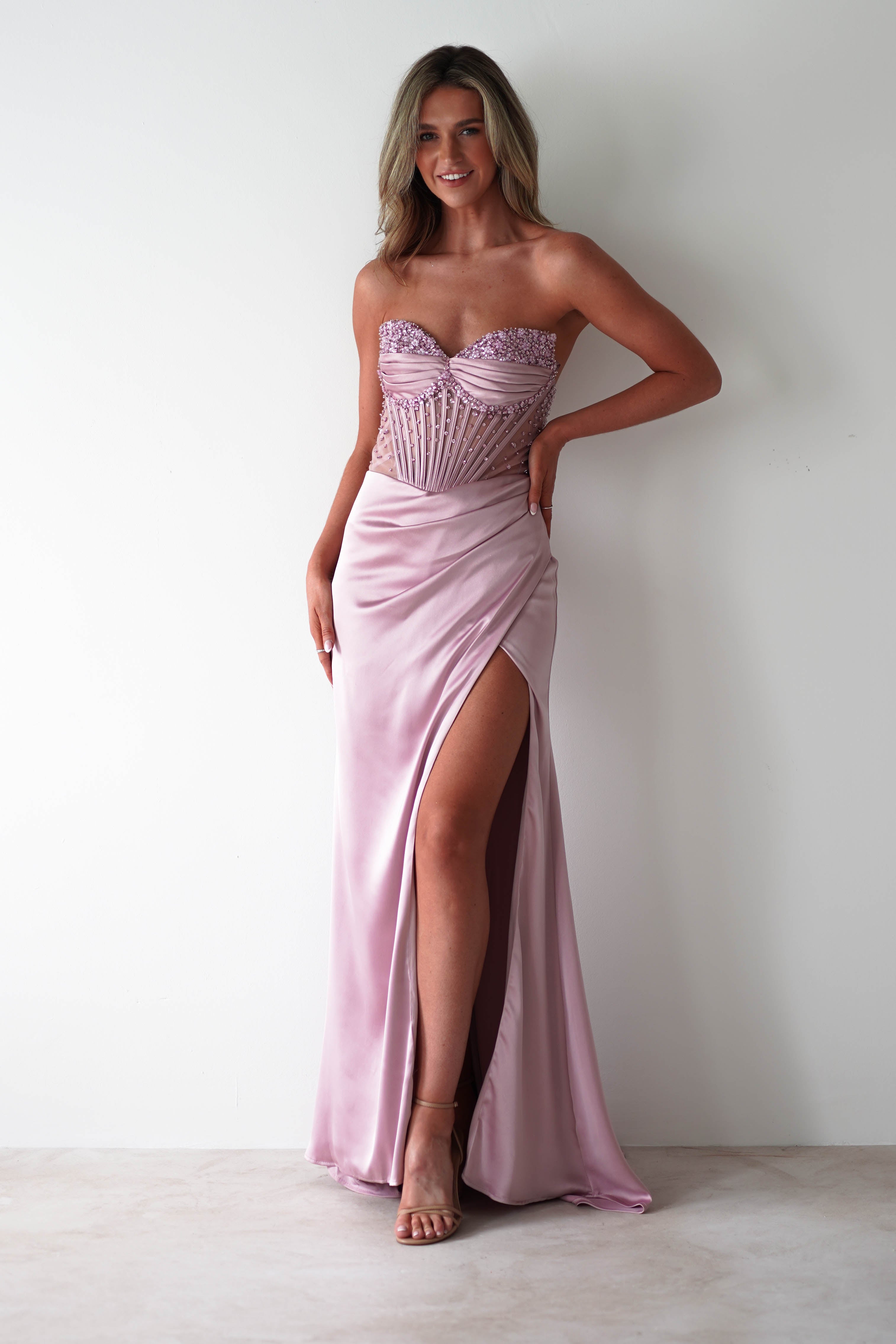 Theodora Strapless Embellished Gown | Mauve | Debs & Prom | Formal Gown | Oh Hello Clothing