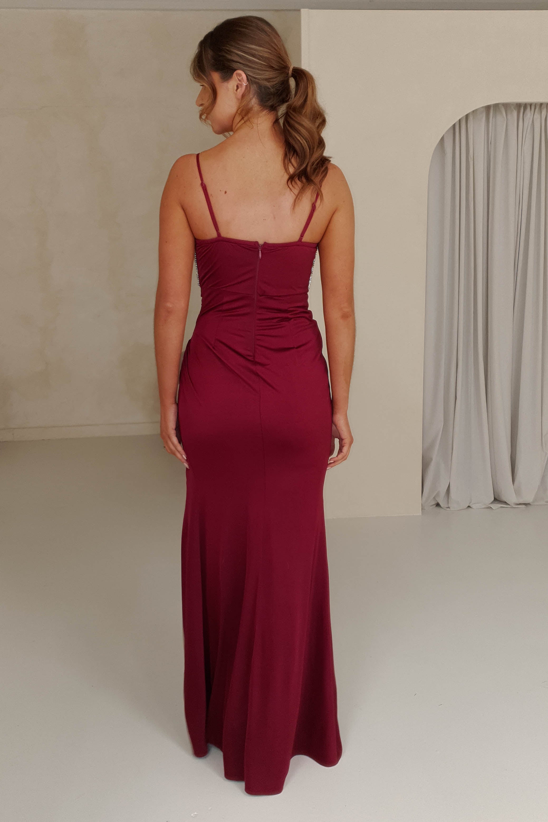MANIJU Debs & Prom Dresses * DONE - MF22076 WINE DIAMANTE GOWN | Wine ***MANIJU Nera