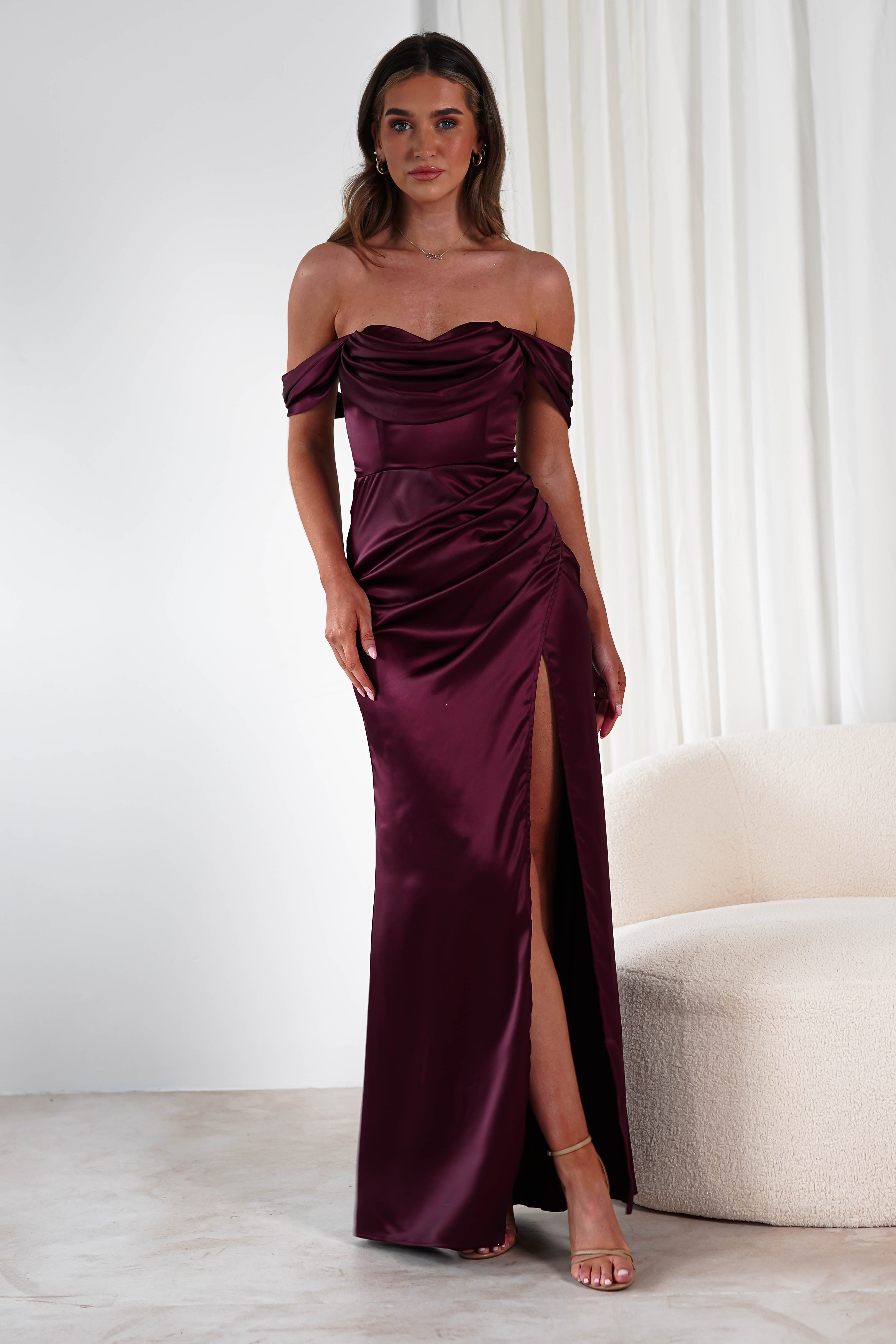 Monica Off The Shoulder Gown | Wine | Debs & Prom | Formal Gown | Oh Hello Clothing
