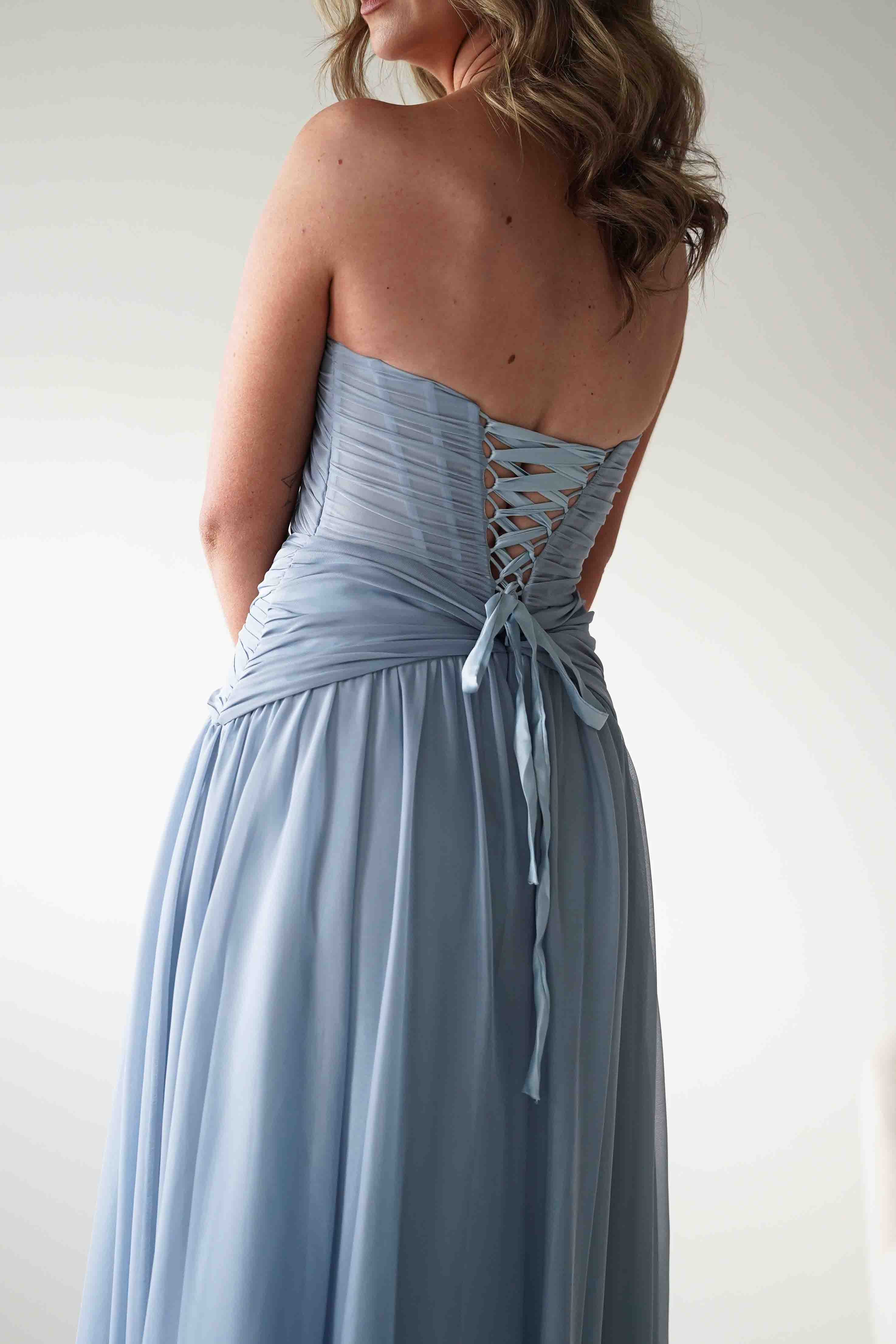 Oh Hello Clothing Women > Clothing > Dresses * DONE - Nicolette Strapless Chiffon Maxi Gown | Dusty Blue