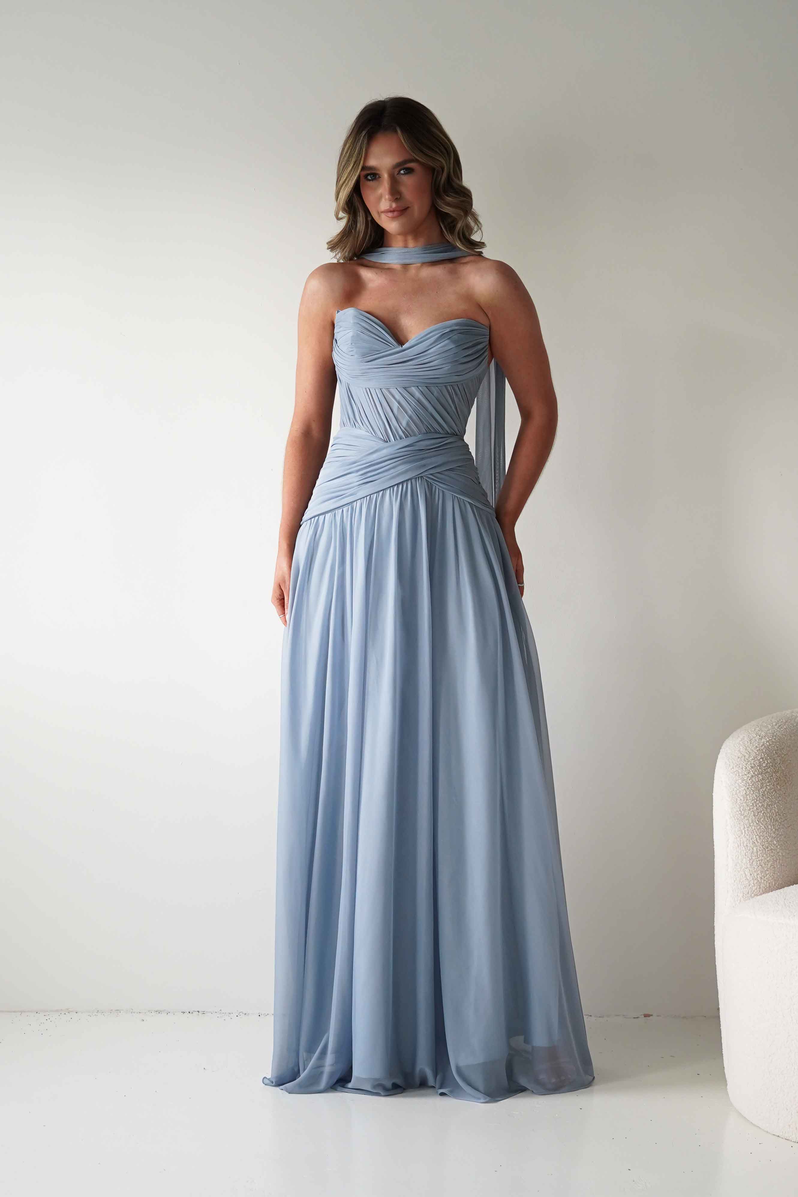 Oh Hello Clothing Women > Clothing > Dresses * DONE - Nicolette Strapless Chiffon Maxi Gown | Dusty Blue